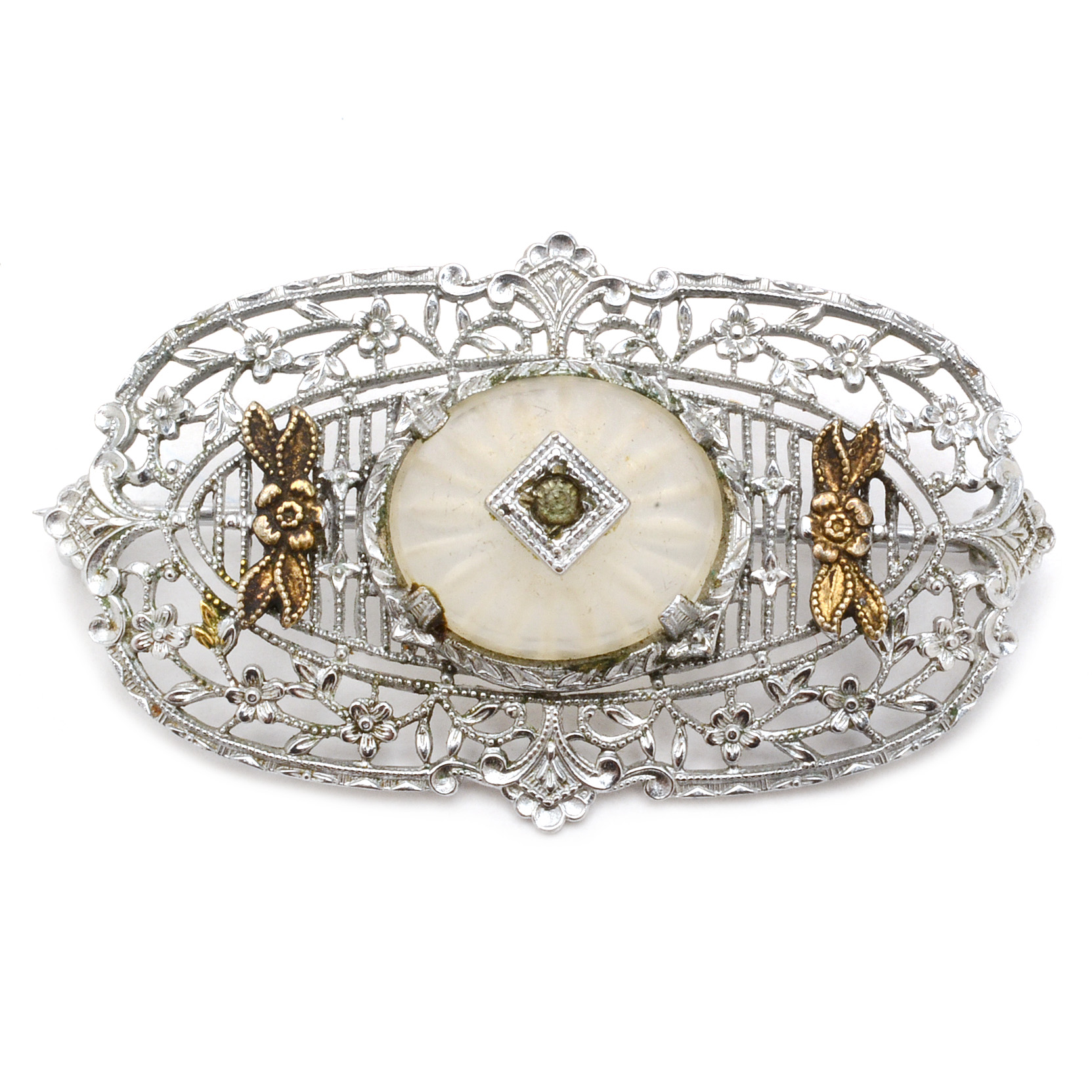 Plainville Stock Co. Openwork Camphor Glass Brooch