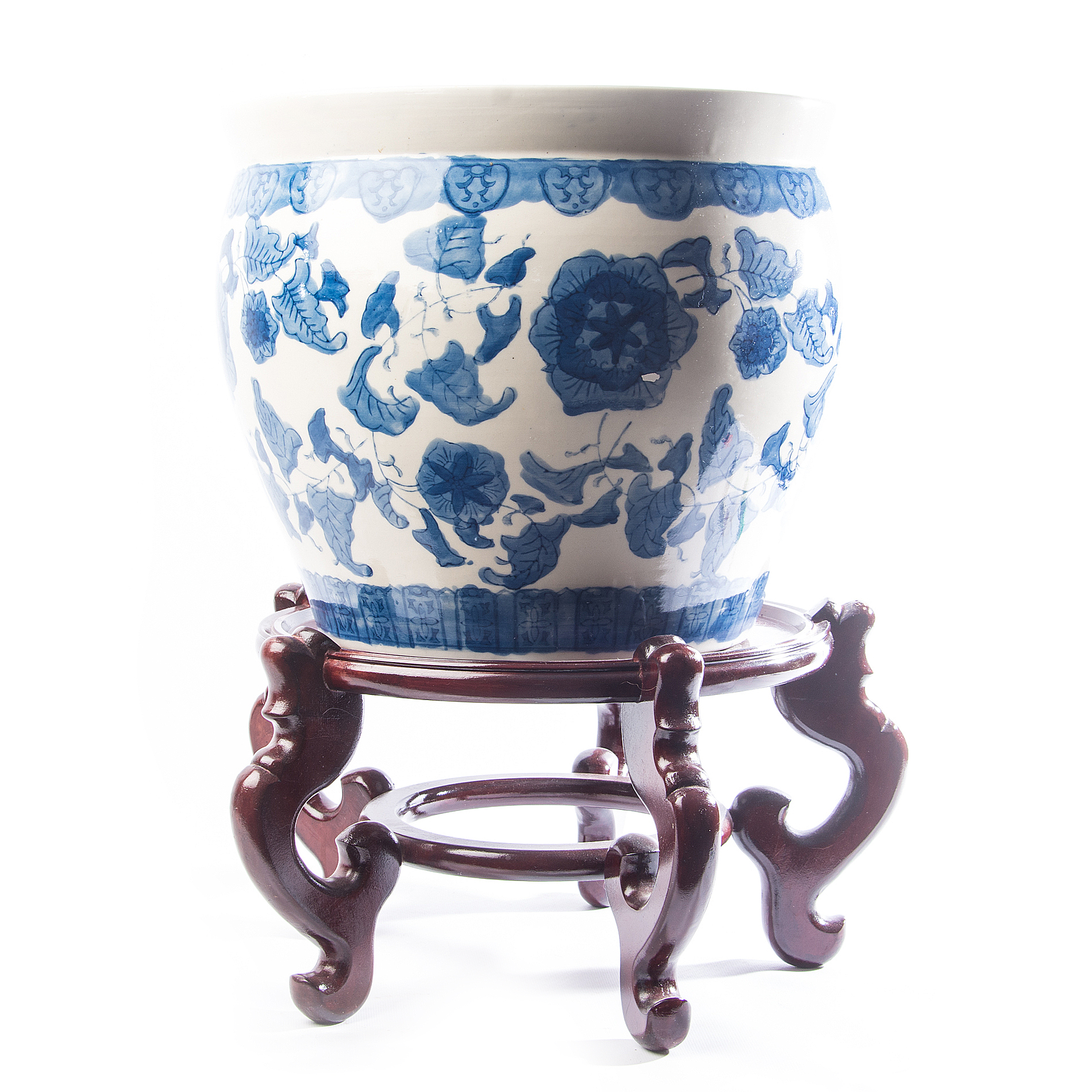 Chinese Blue and White Ceramic Planter with Stand