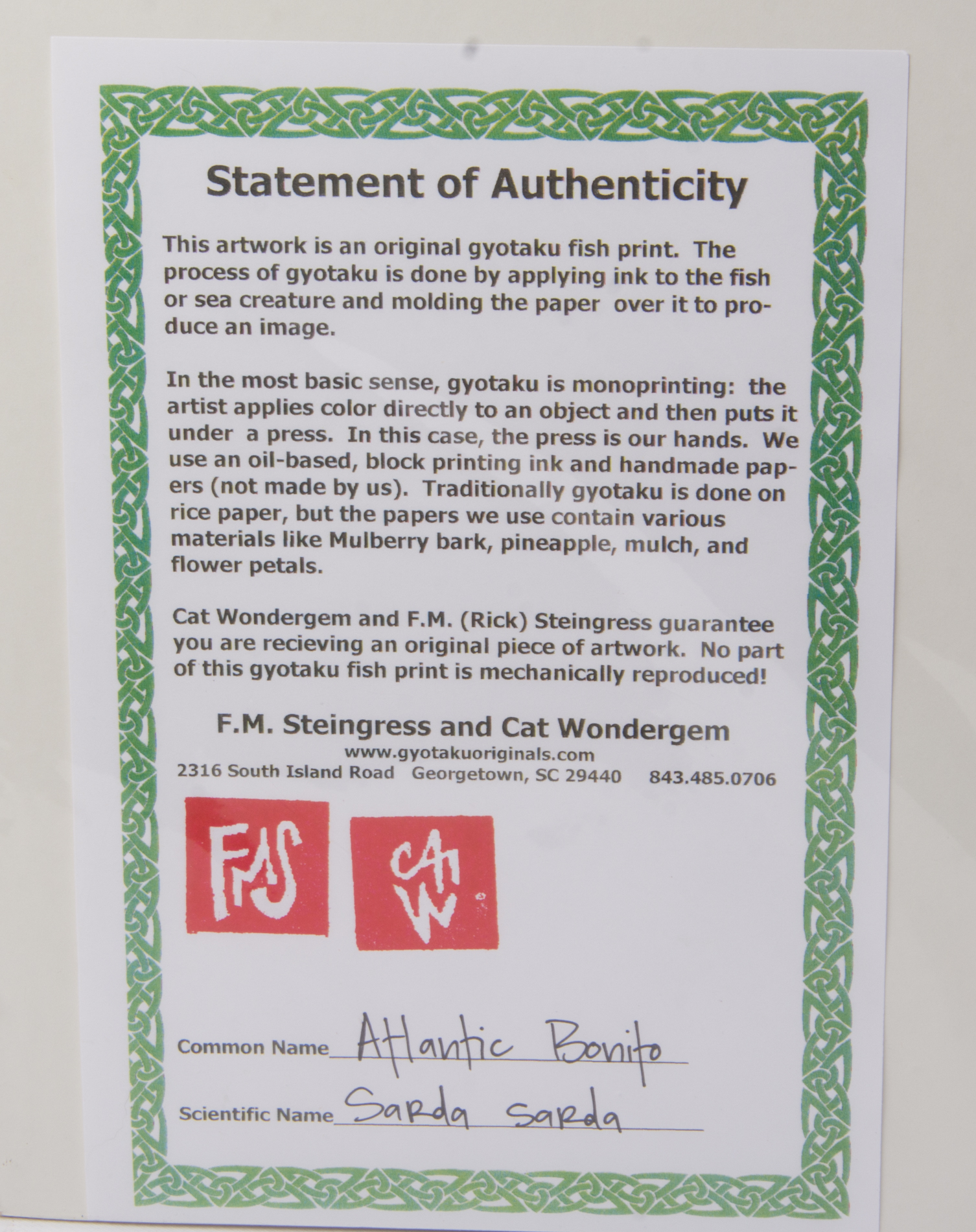 F.M. Steingress and Cat Wondergem Signed Gyotaku Fish Print