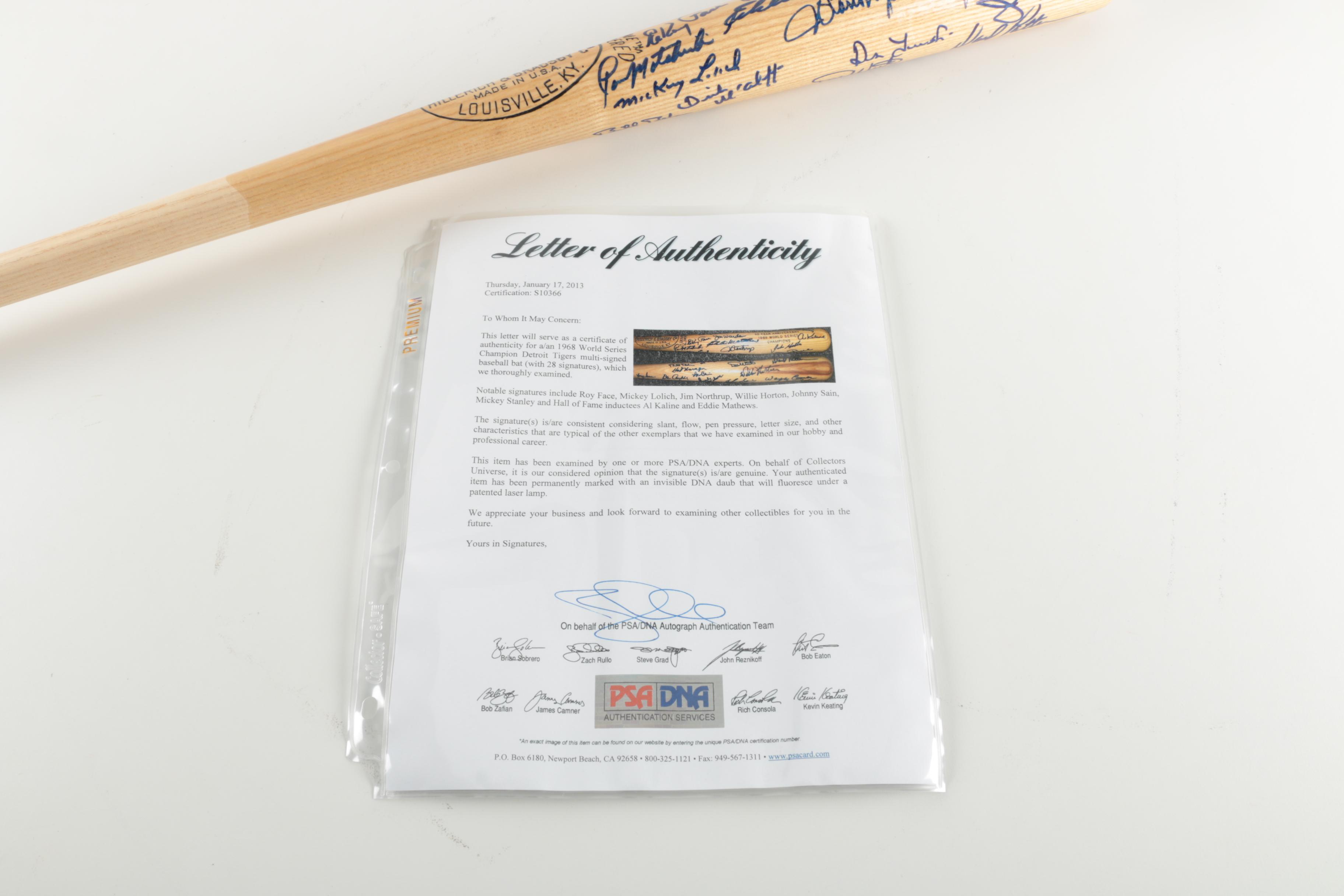 Signed 30th Anniversary Detroit Tigers 1968 World Series Champions Bat