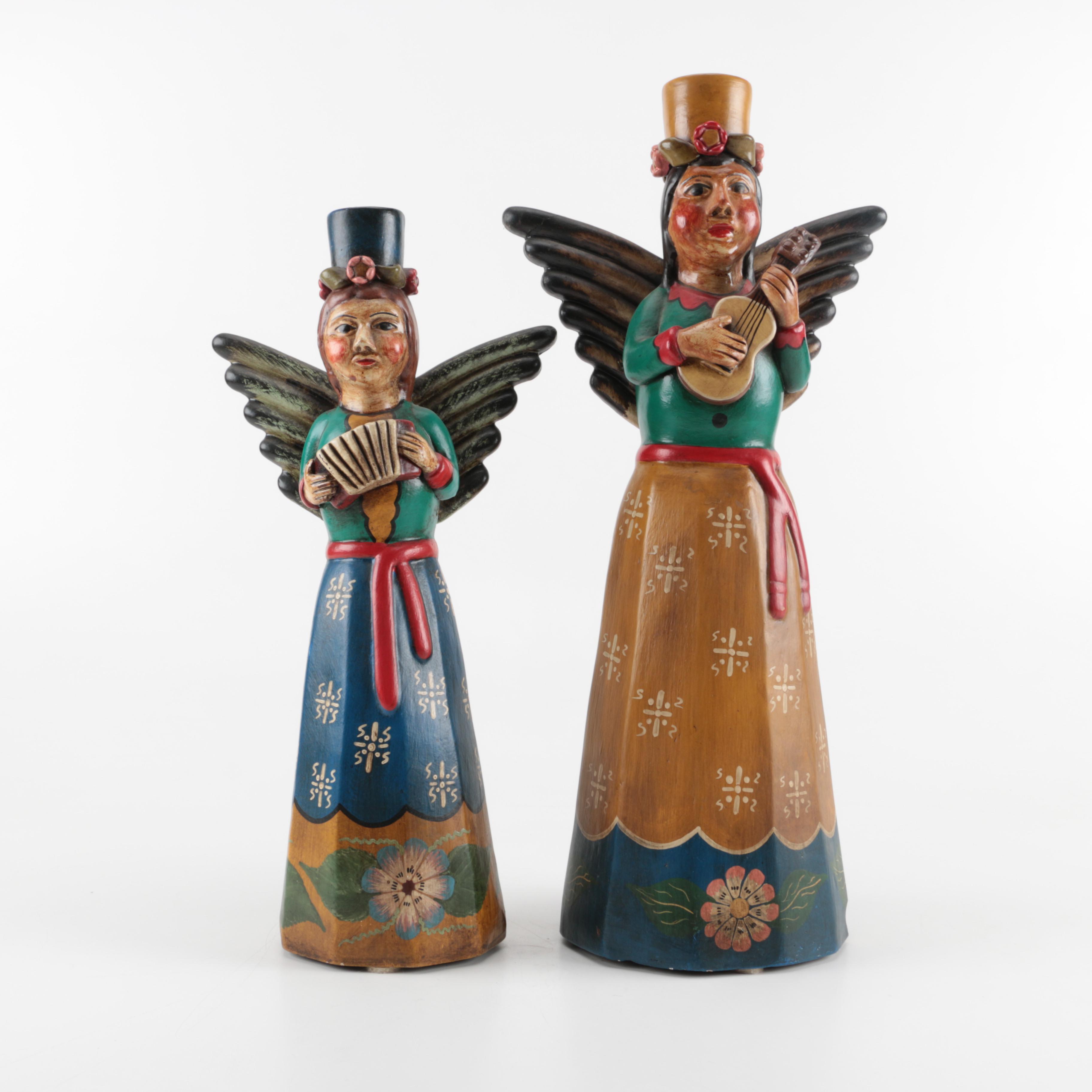 South American Style Angel Figurine Candleholders Holding Instruments