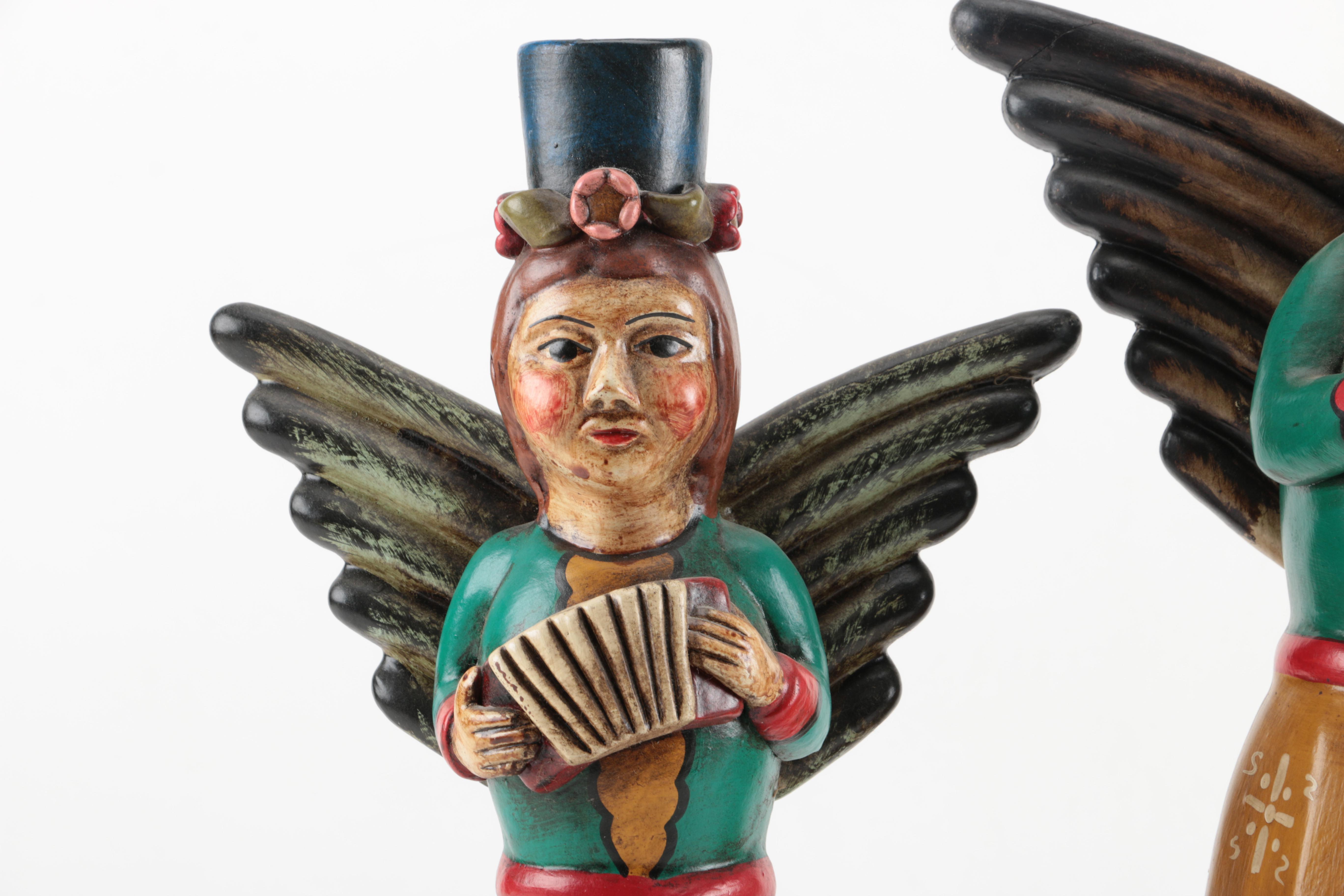 South American Style Angel Figurine Candleholders Holding Instruments