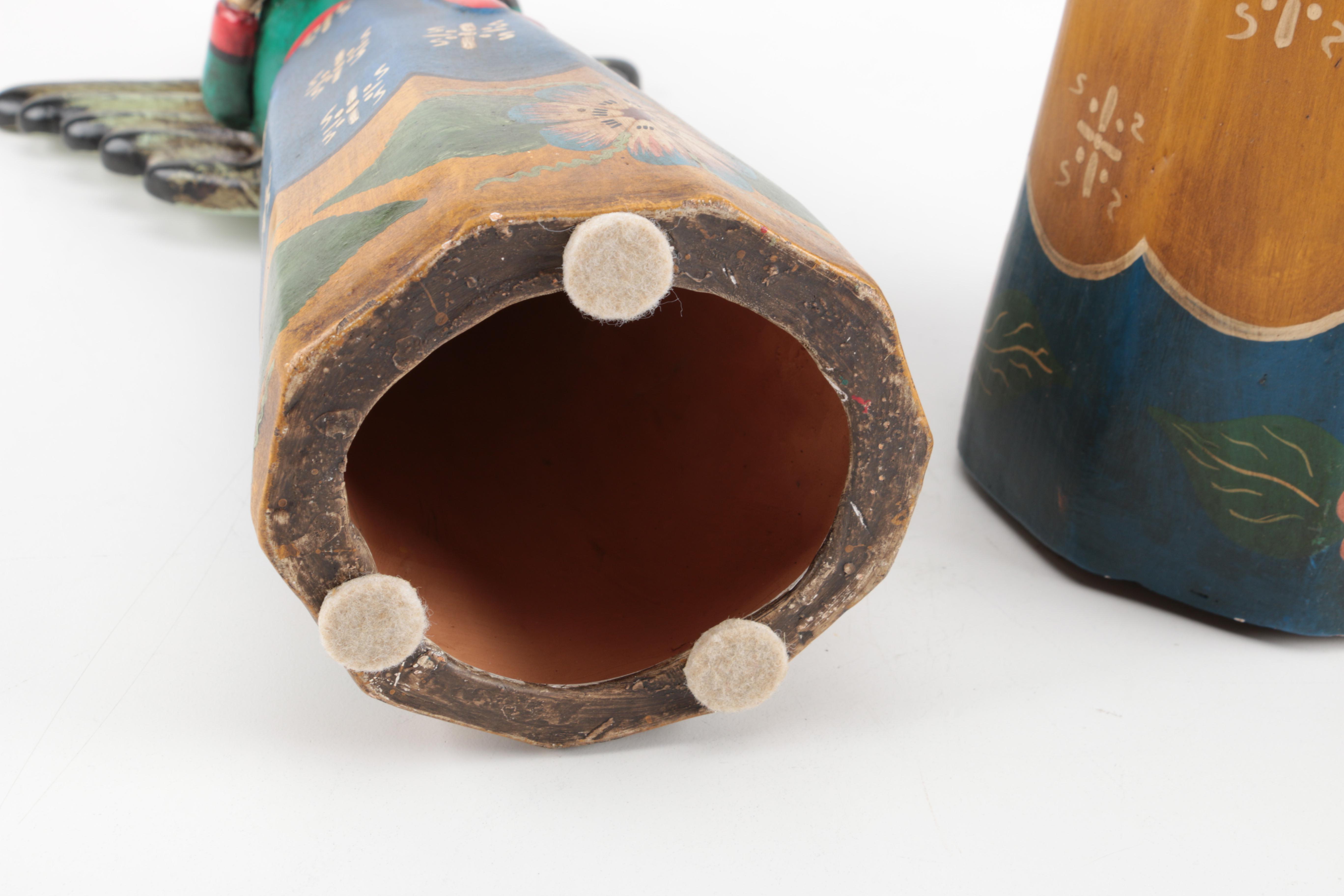 South American Style Angel Figurine Candleholders Holding Instruments