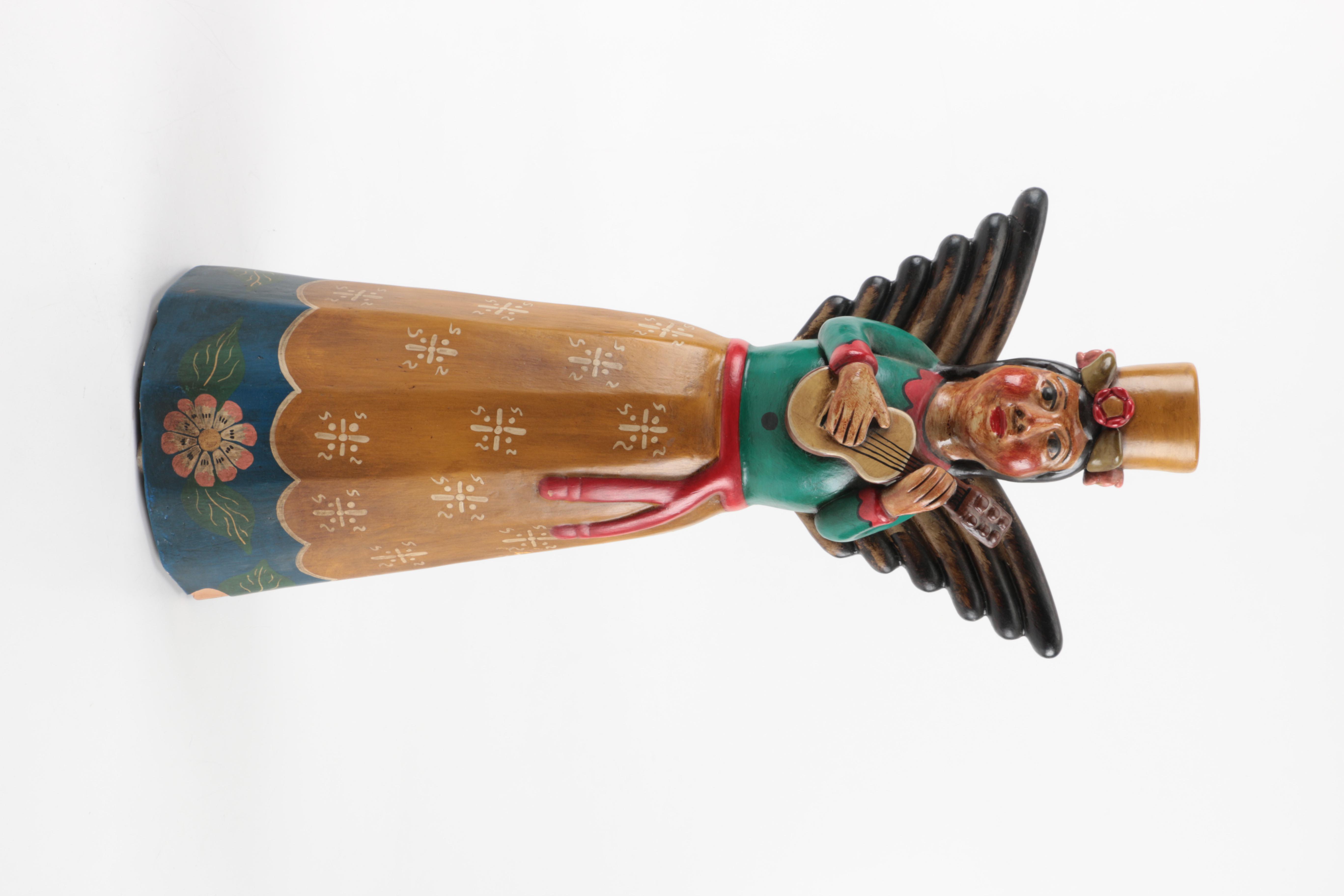 South American Style Angel Figurine Candleholders Holding Instruments