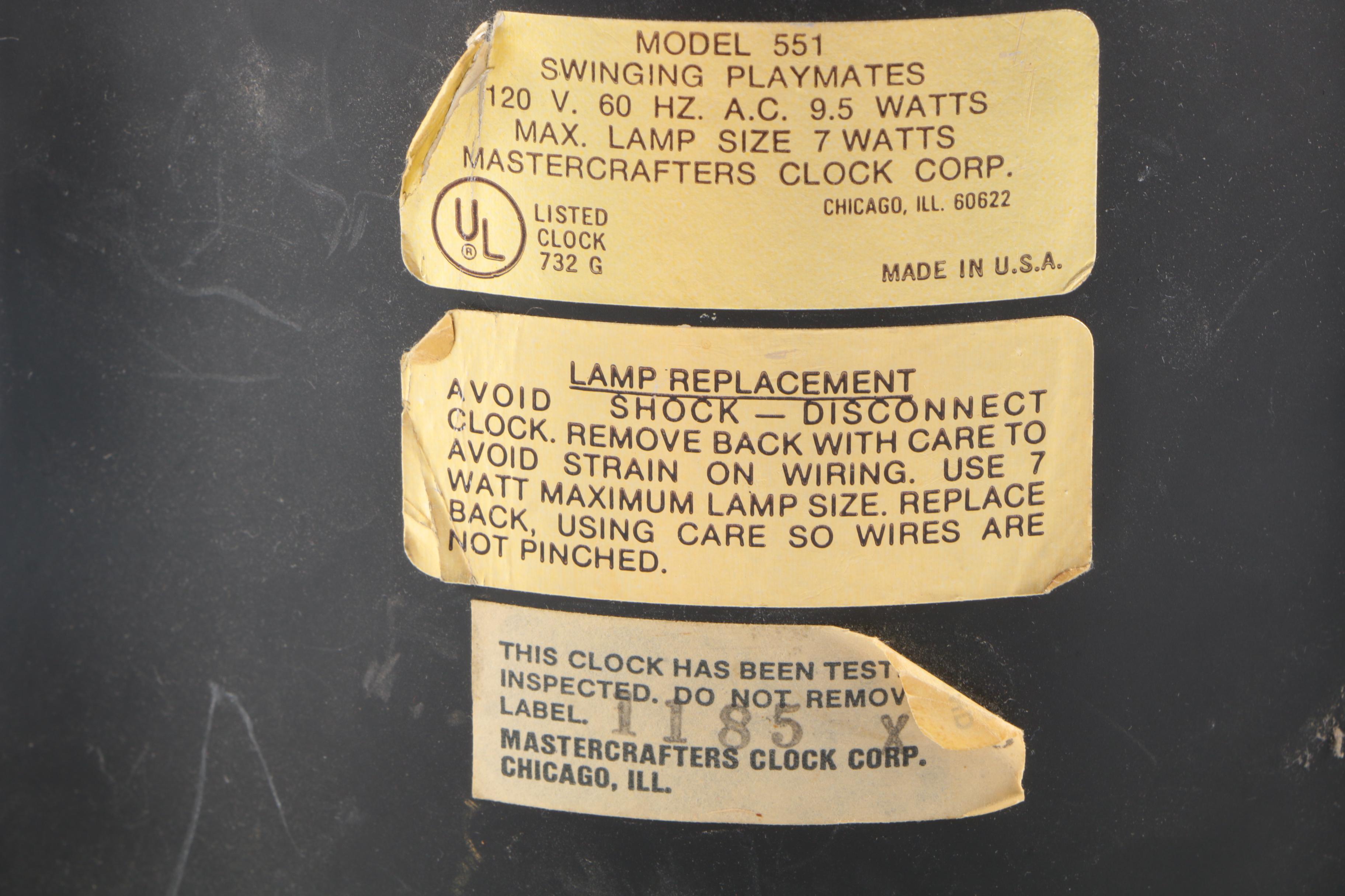 Master Crafters Mid-Century "Swinging Playmates" Clock