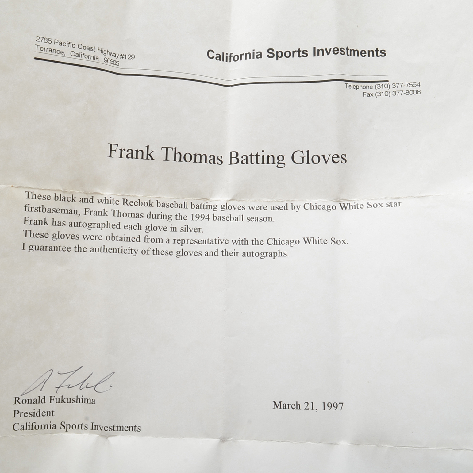 Frank Thomas Signed Batting Glove  COA