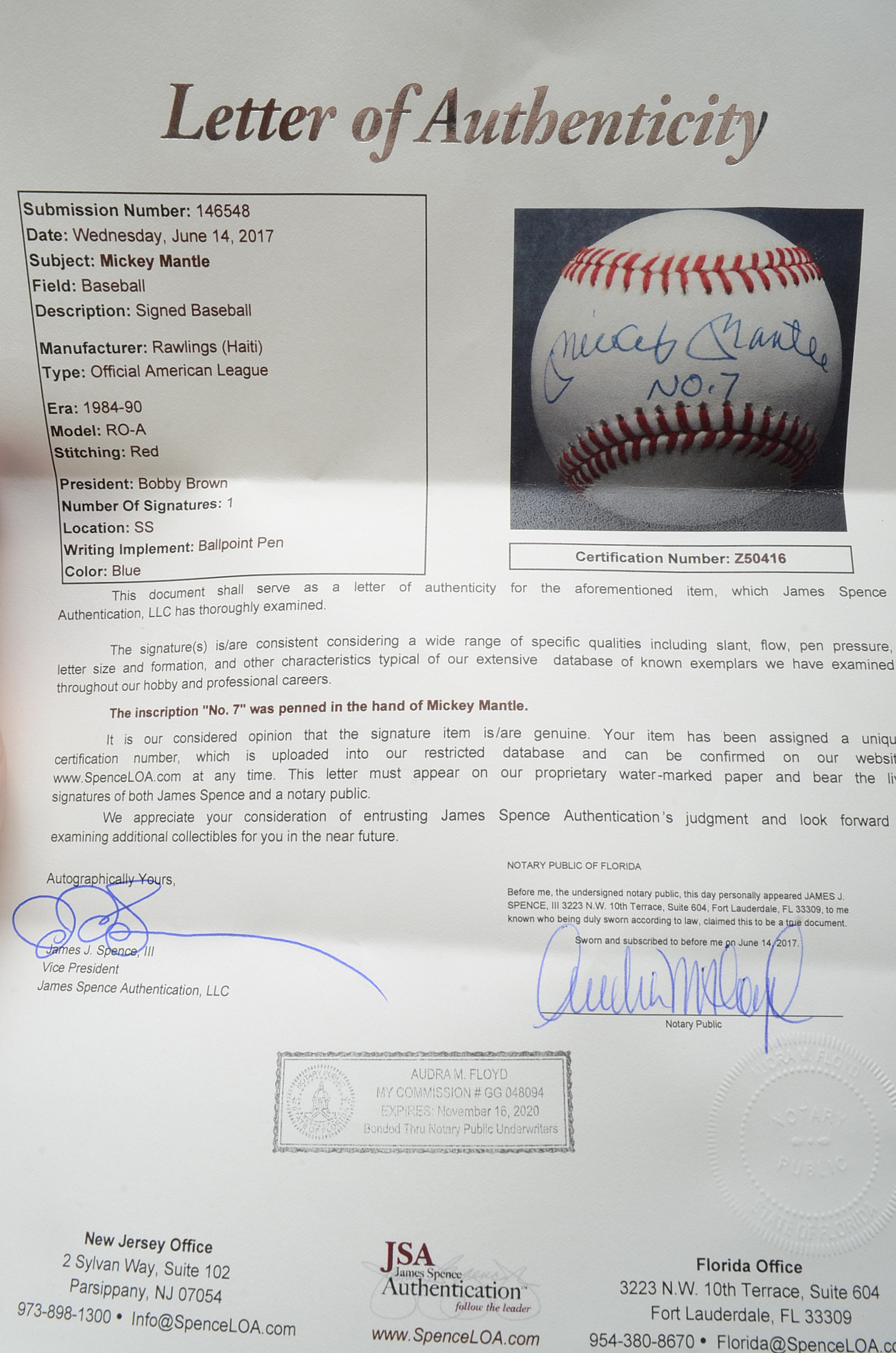 Mickey Mantle Signed Baseball  COA