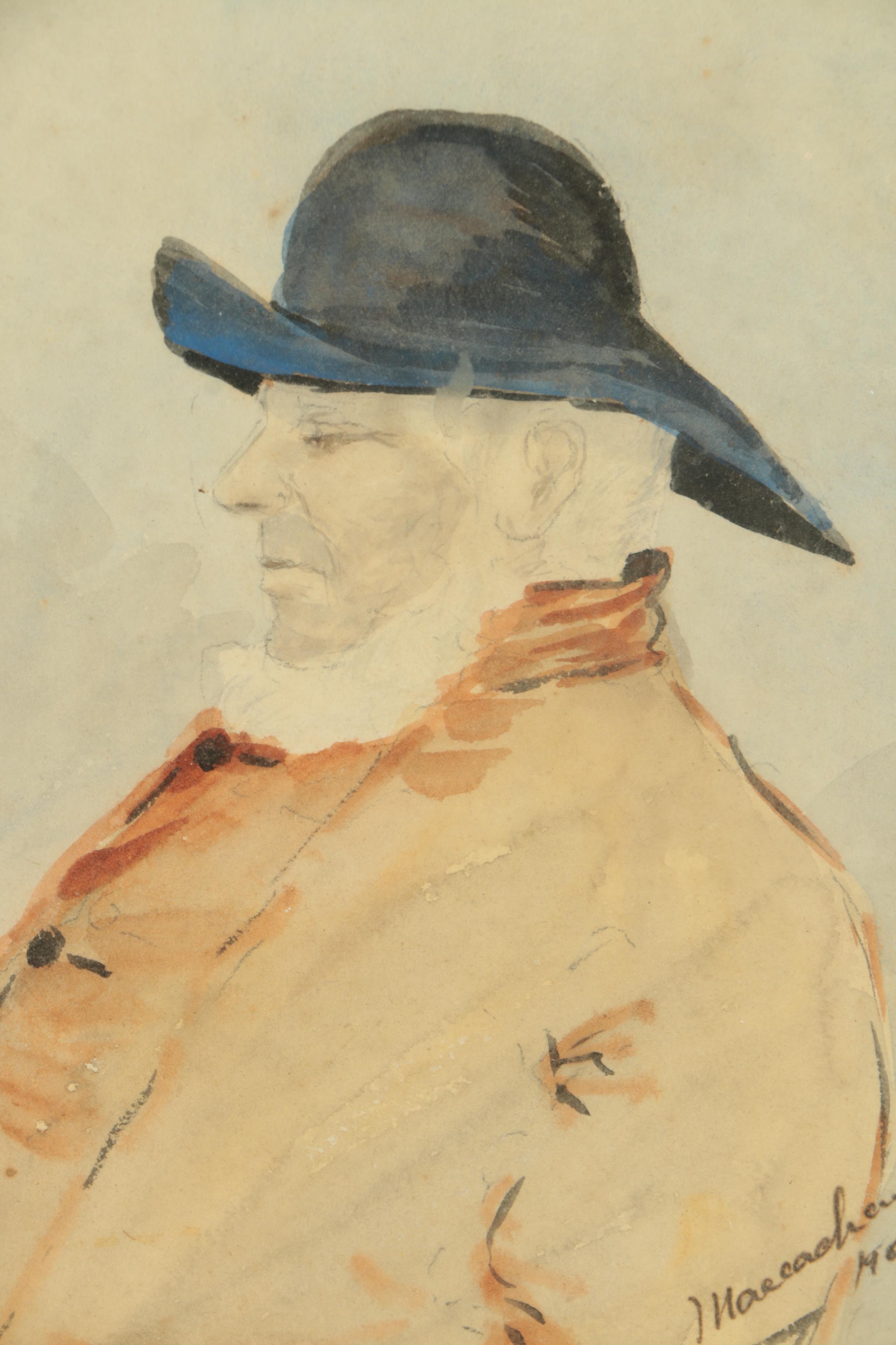 Watercolor and Gouache Painting on Paper of Fisherman