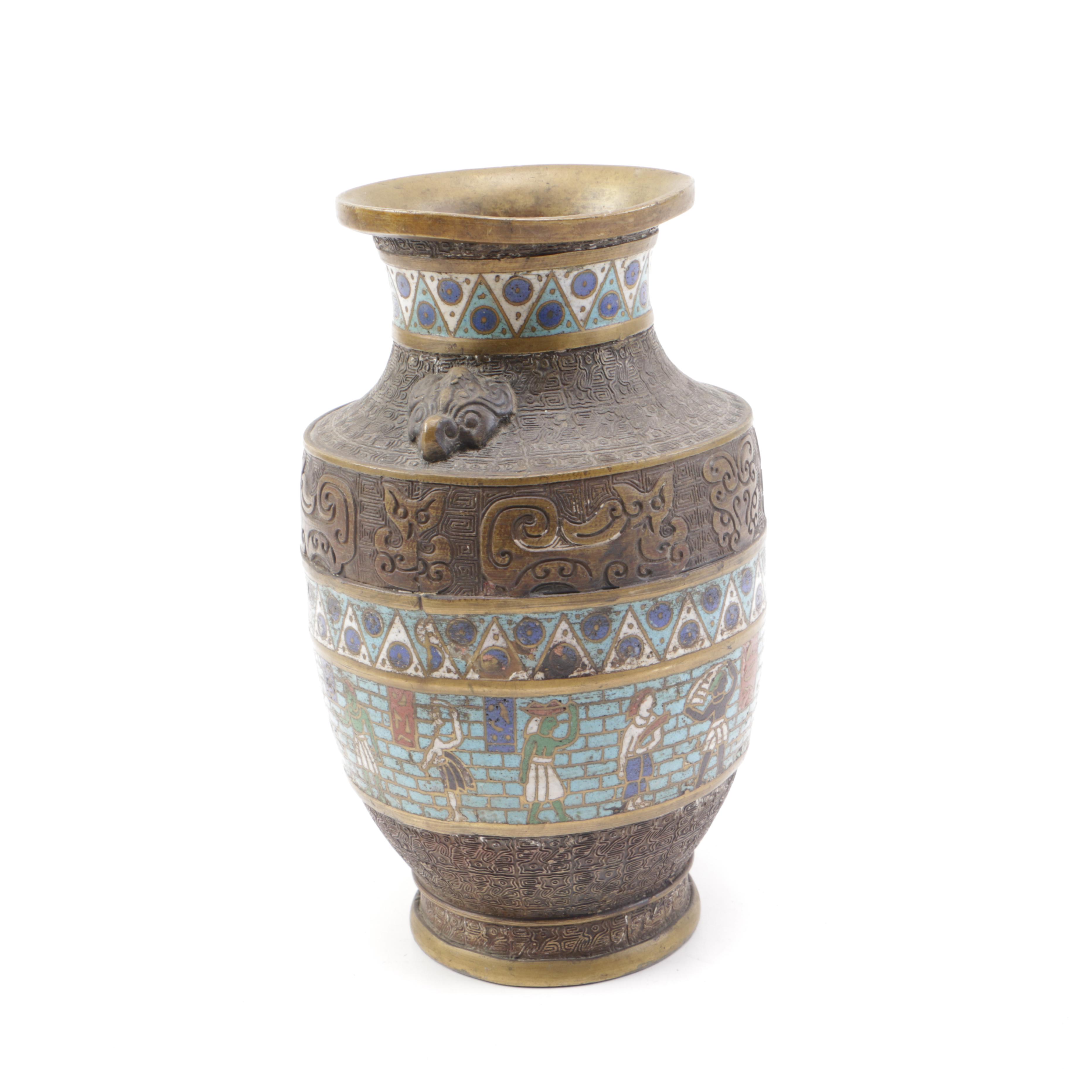 Champlevé Brass and Enamel Egyptian Revival Vase
