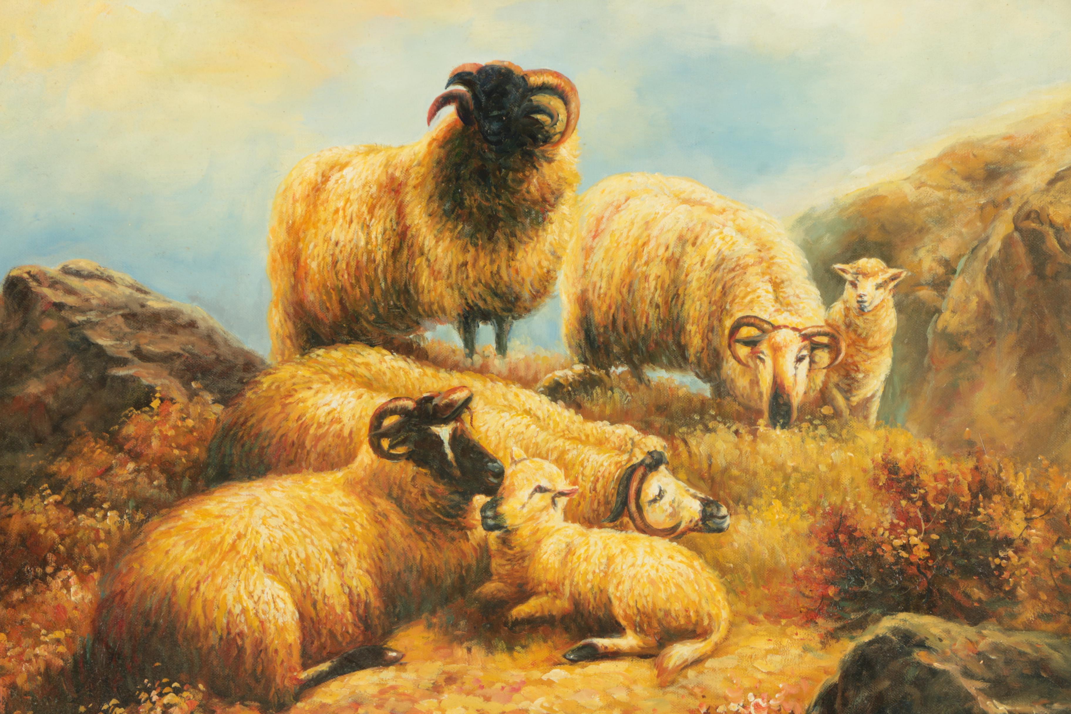 O. Lamer Oil Painting on Canvas of Grazing Highland Sheep