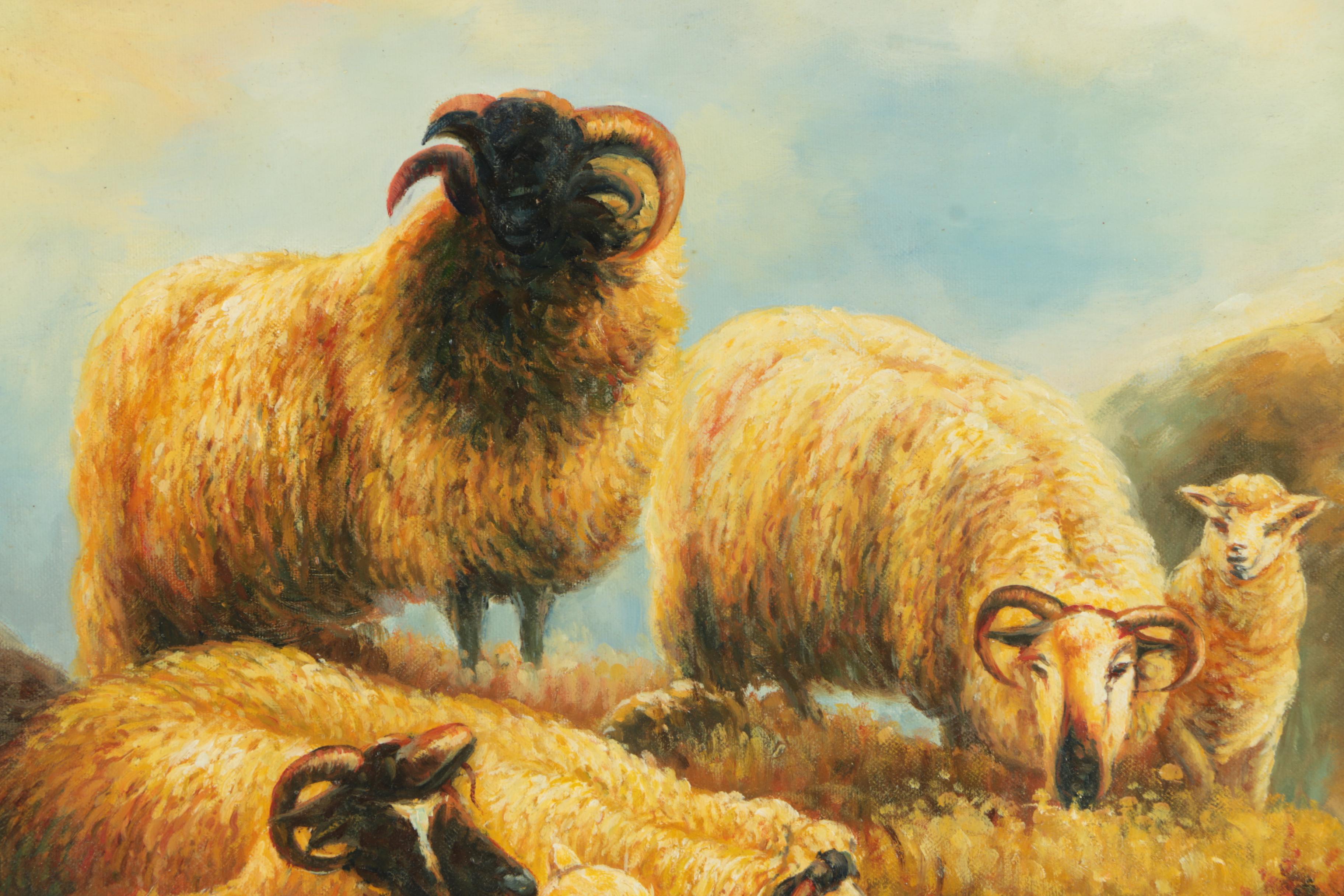 O. Lamer Oil Painting on Canvas of Grazing Highland Sheep