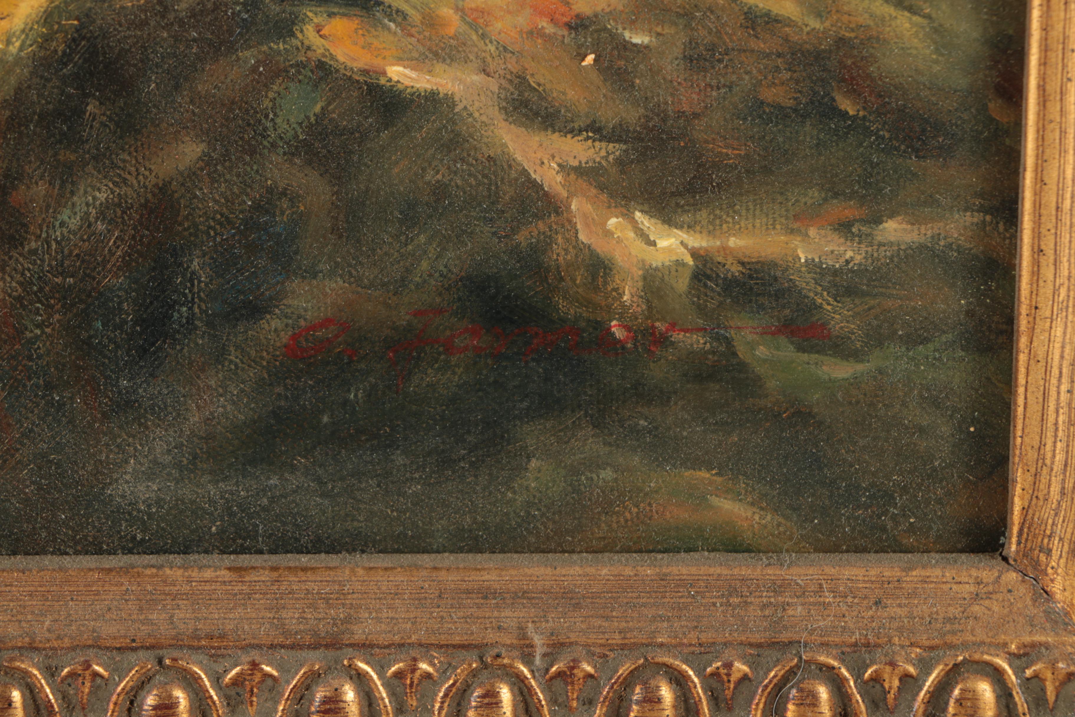 O. Lamer Oil Painting on Canvas of Grazing Highland Sheep