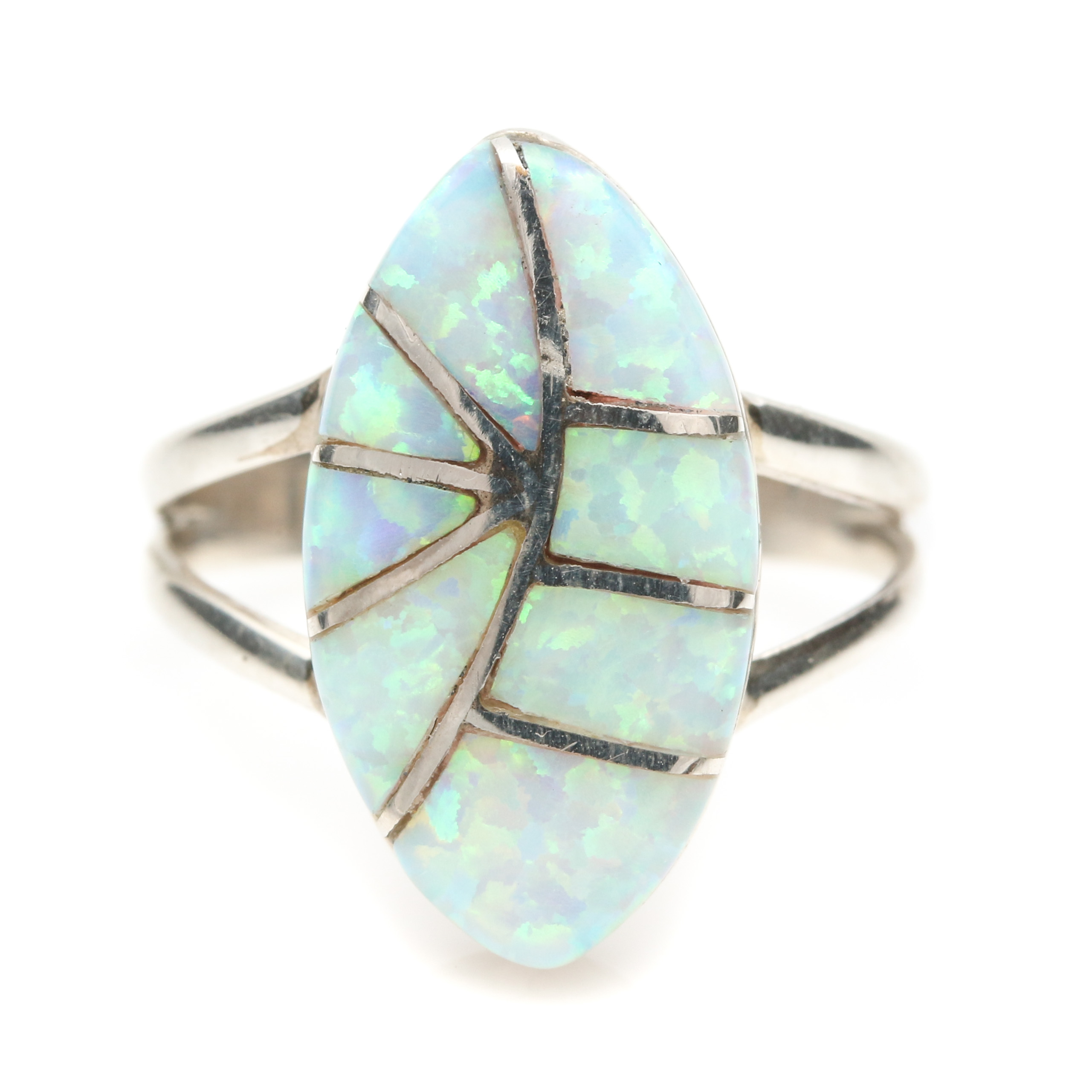 Irene Simplicio Zuni Sterling Silver Opal Mosaic Inlay Navette Ring