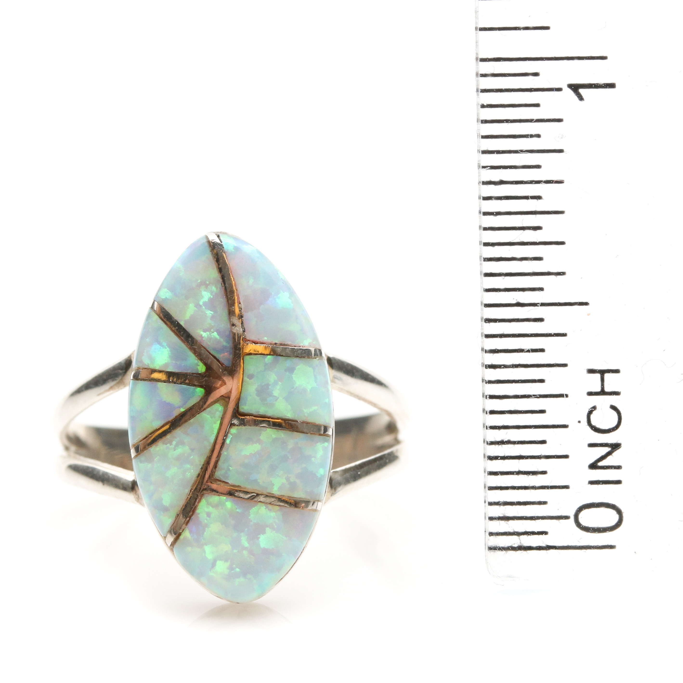 Irene Simplicio Zuni Sterling Silver Opal Mosaic Inlay Navette Ring