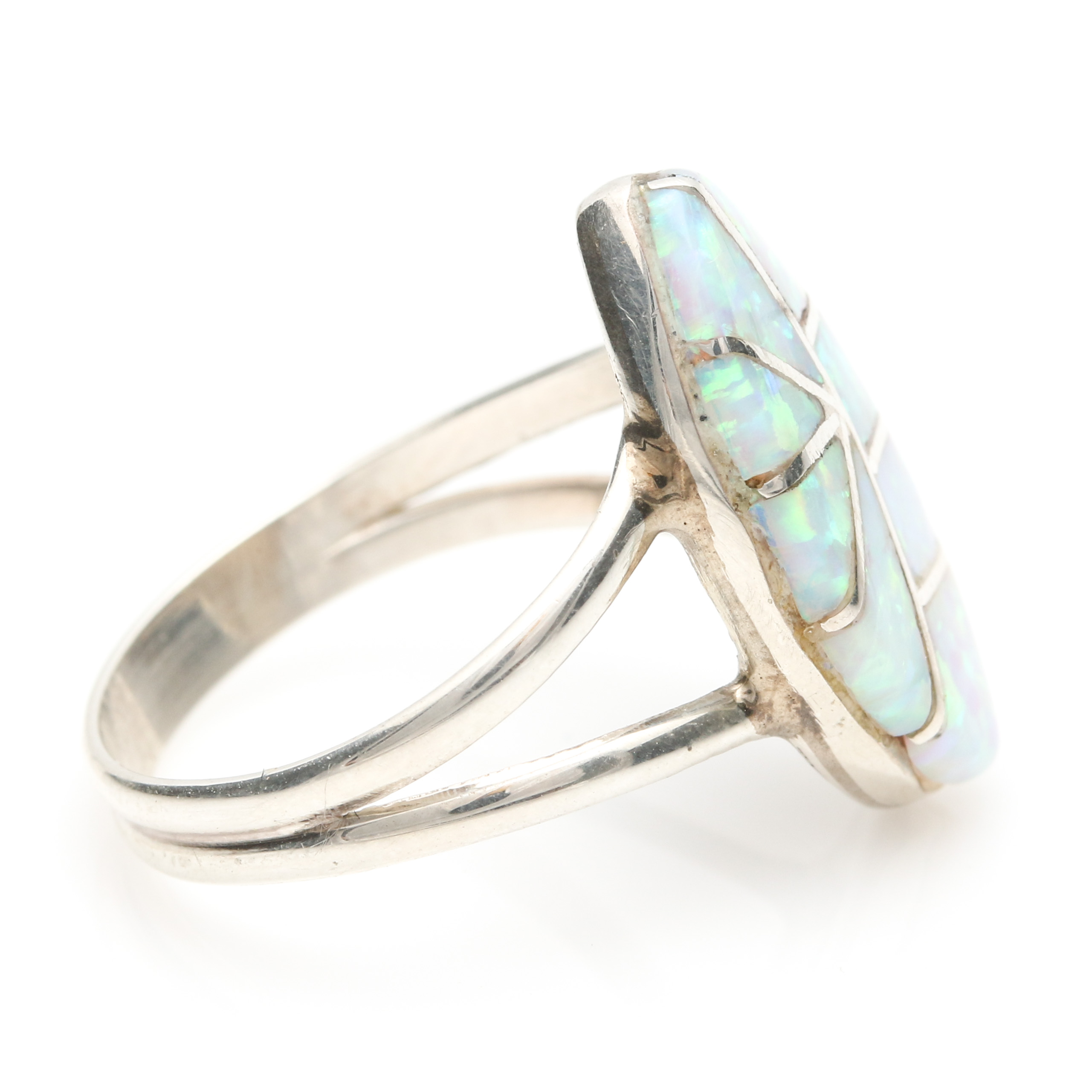 Irene Simplicio Zuni Sterling Silver Opal Mosaic Inlay Navette Ring