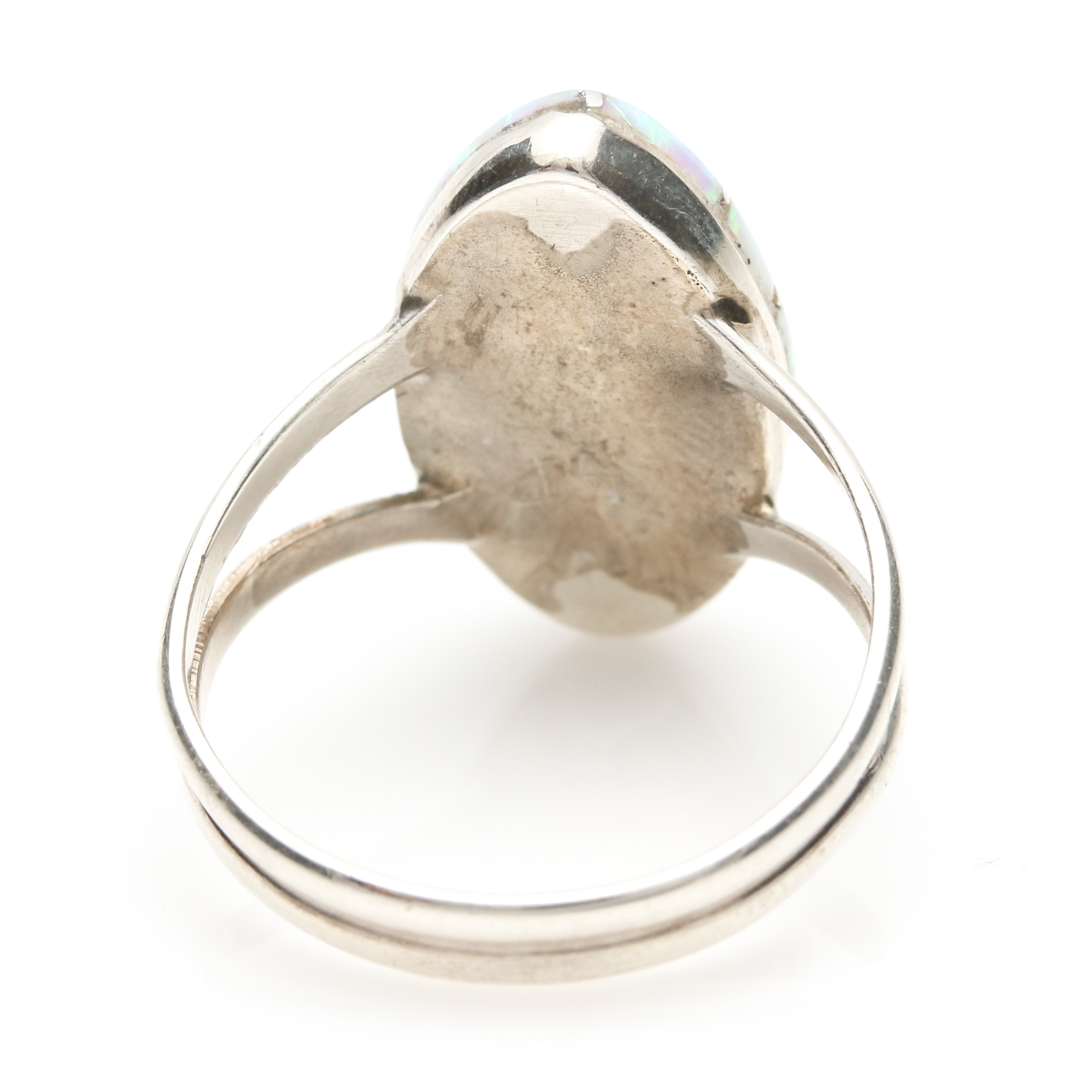 Irene Simplicio Zuni Sterling Silver Opal Mosaic Inlay Navette Ring