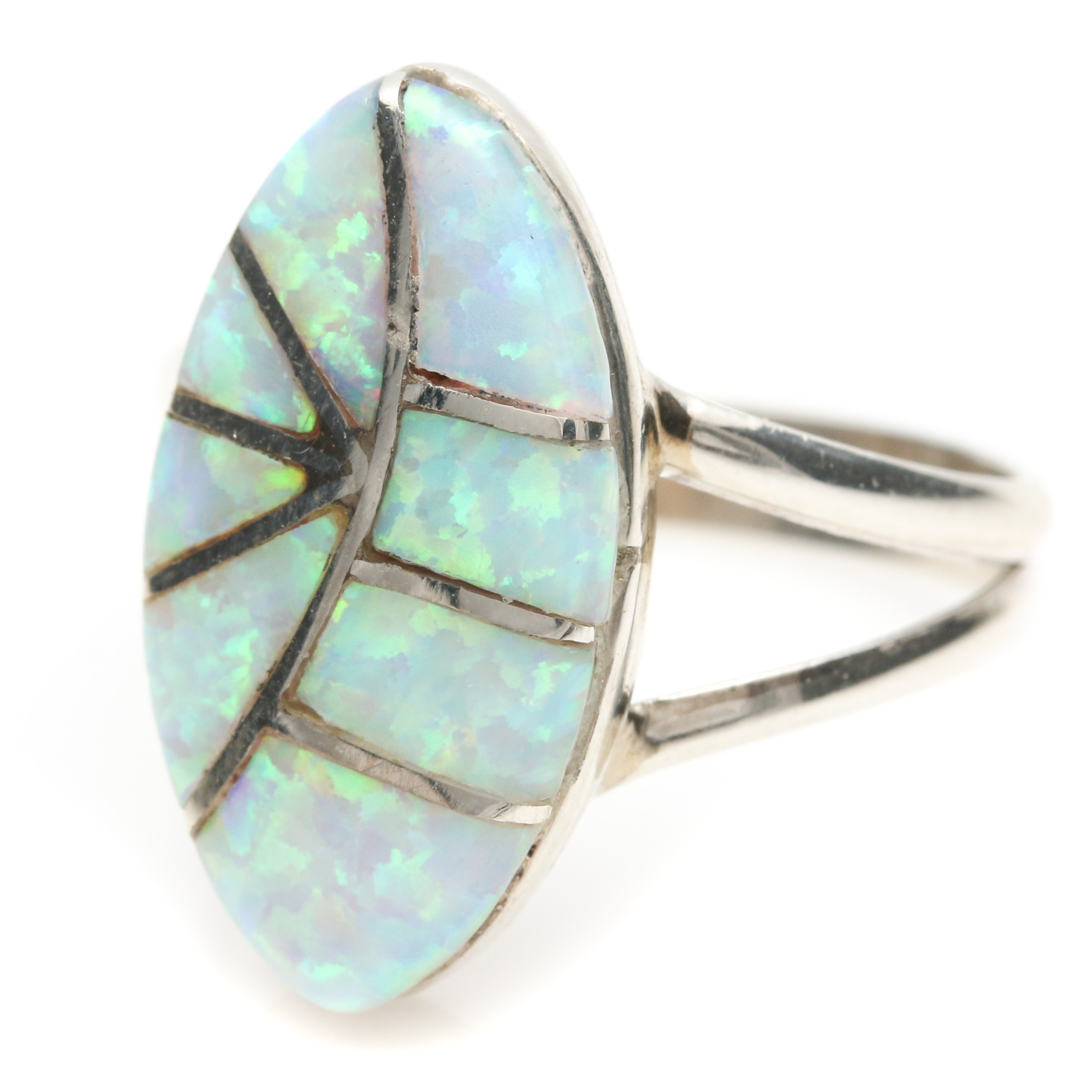Irene Simplicio Zuni Sterling Silver Opal Mosaic Inlay Navette Ring