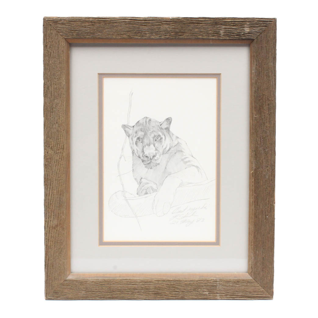 Signed Pencil Drawing of Panther