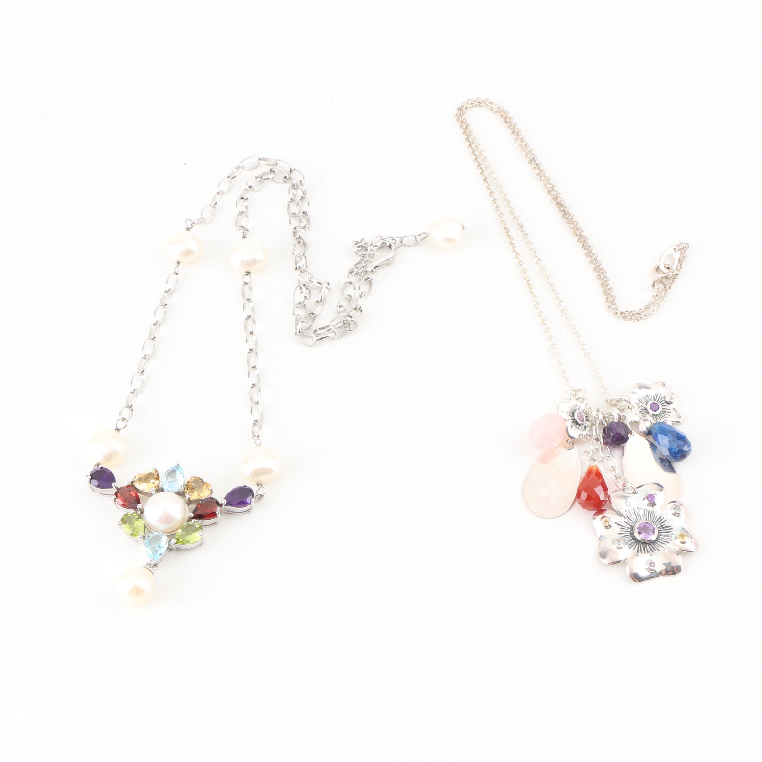 Pair of Sterling Silver Necklaces with Gemstone Accents