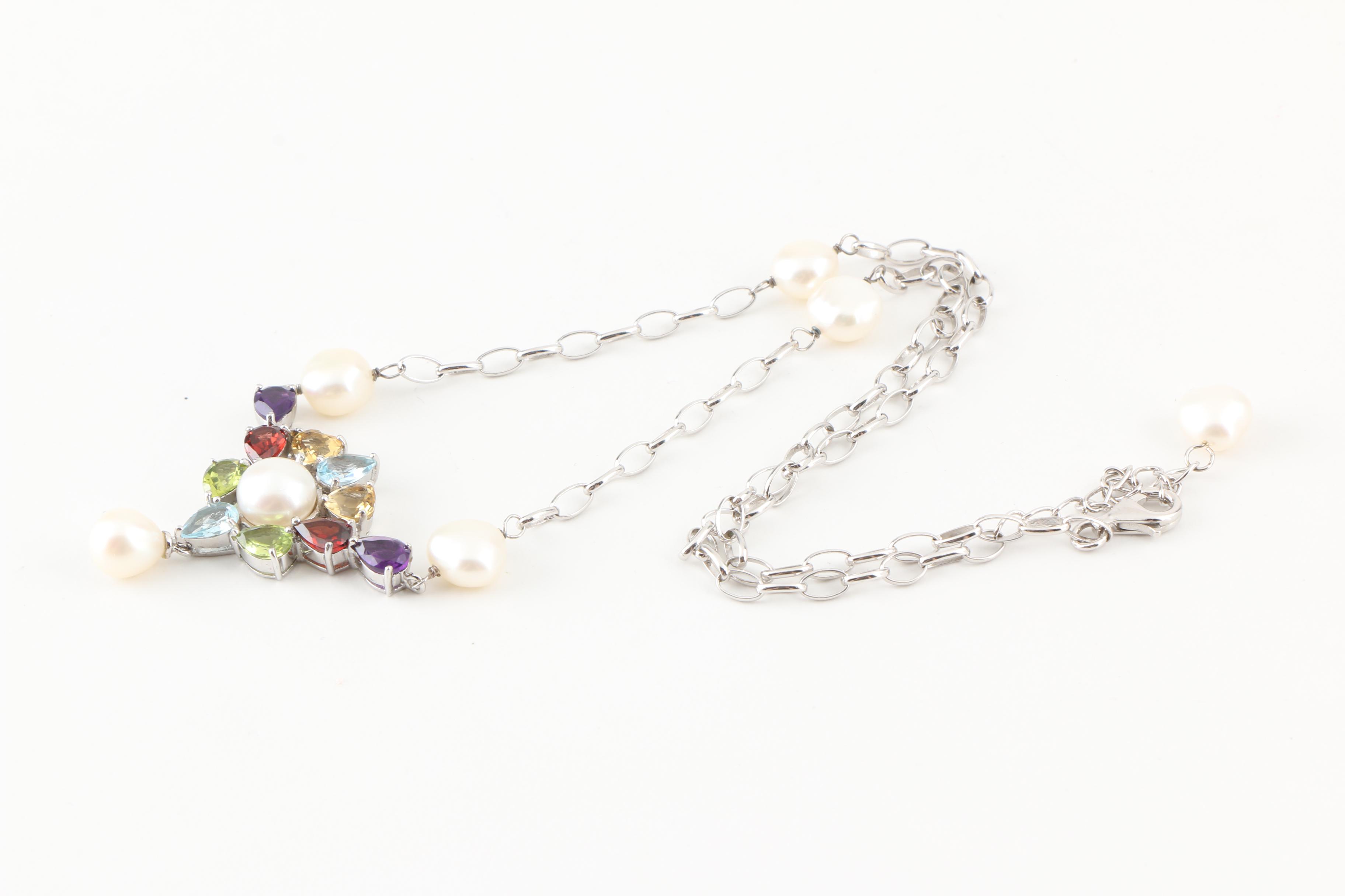 Pair of Sterling Silver Necklaces with Gemstone Accents