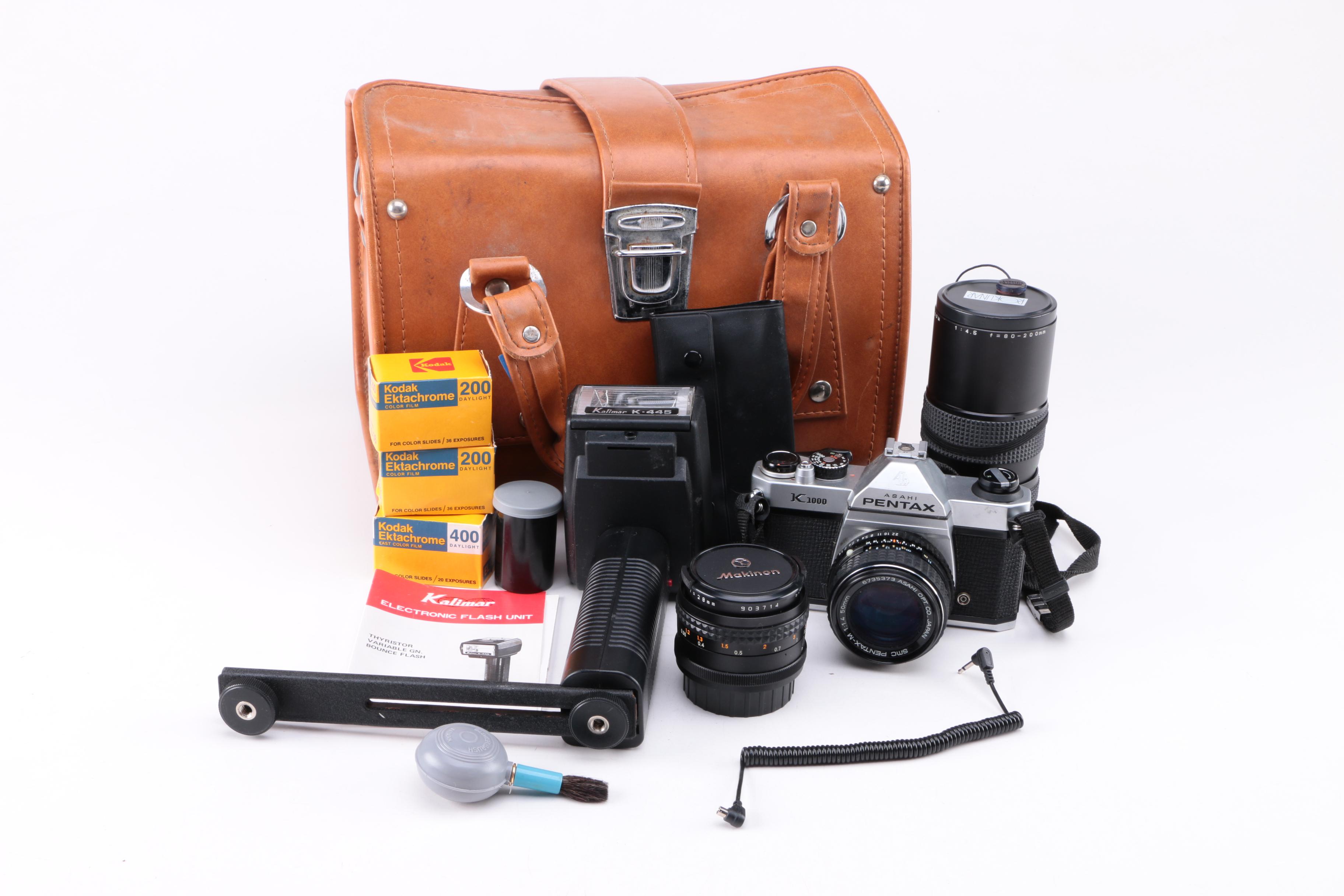 Pentax K1000 35MM Film Camera, Lenses, External Flash and Accessories