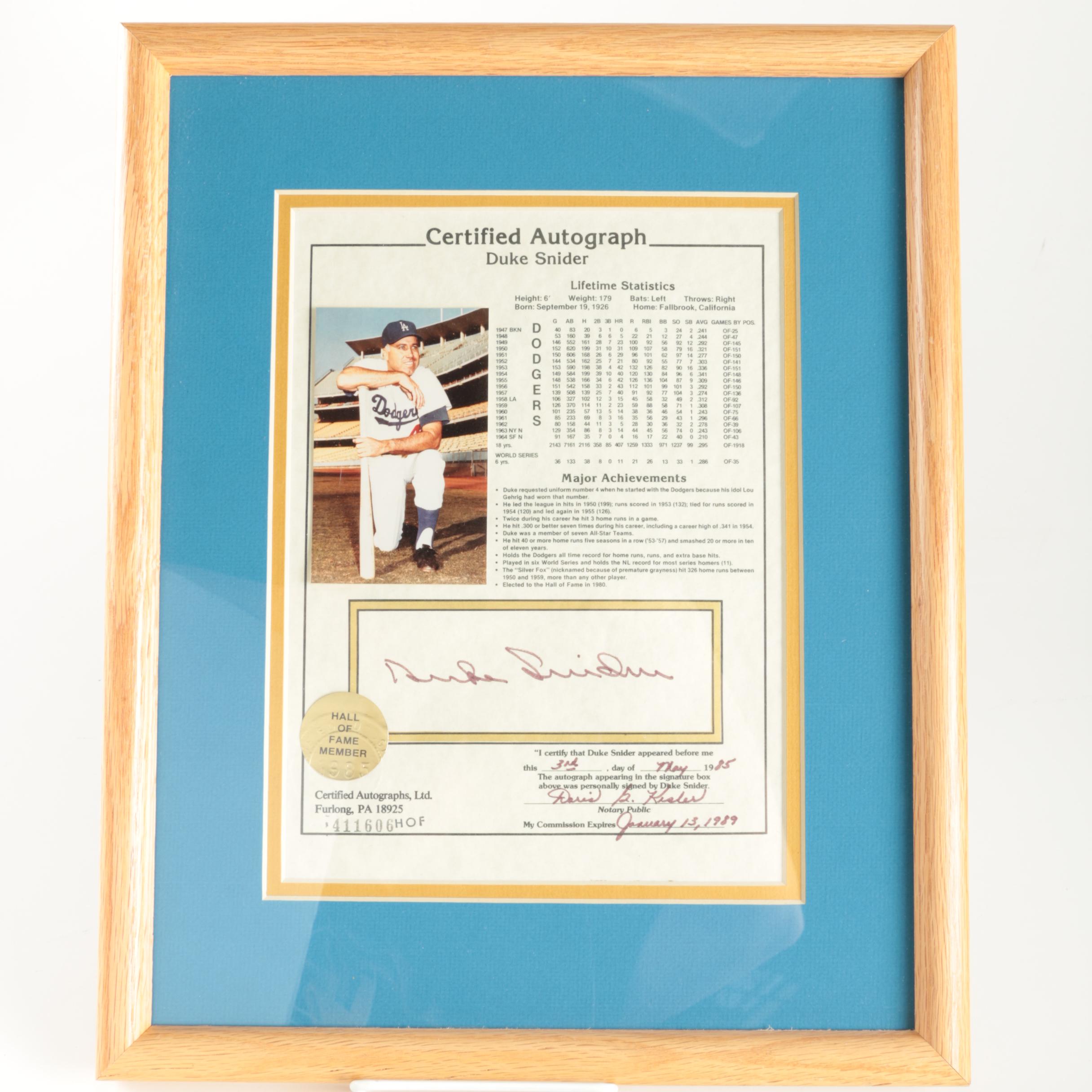Framed Duke Snider Autograph and Achievements