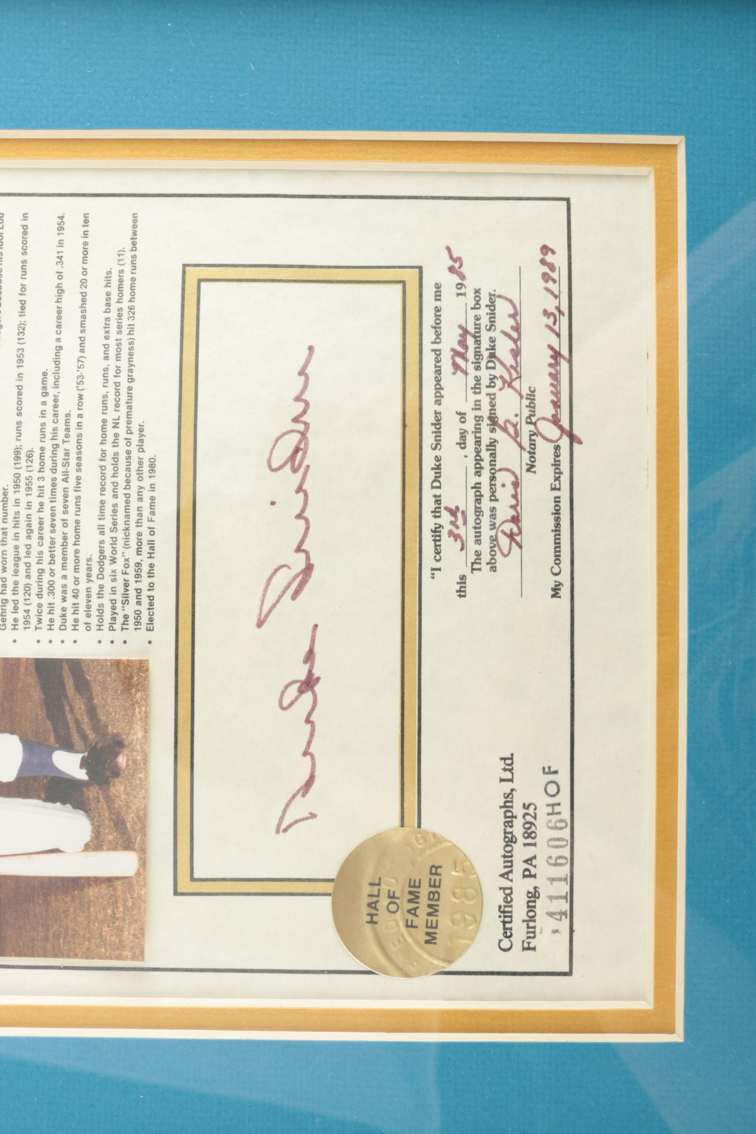 Framed Duke Snider Autograph and Achievements