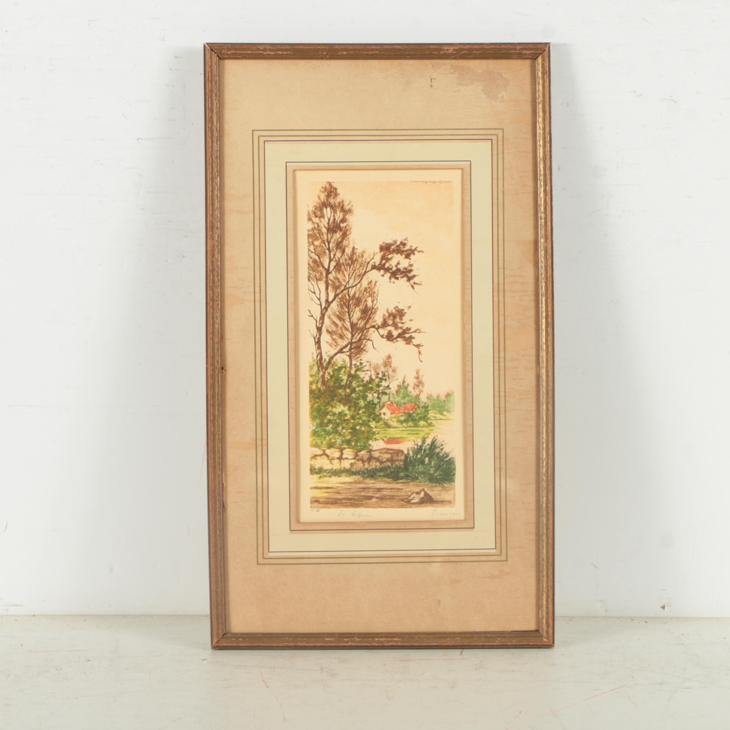 Mid-Century Paris Etching Society Aquatint on Paper of Country Landscape Scene