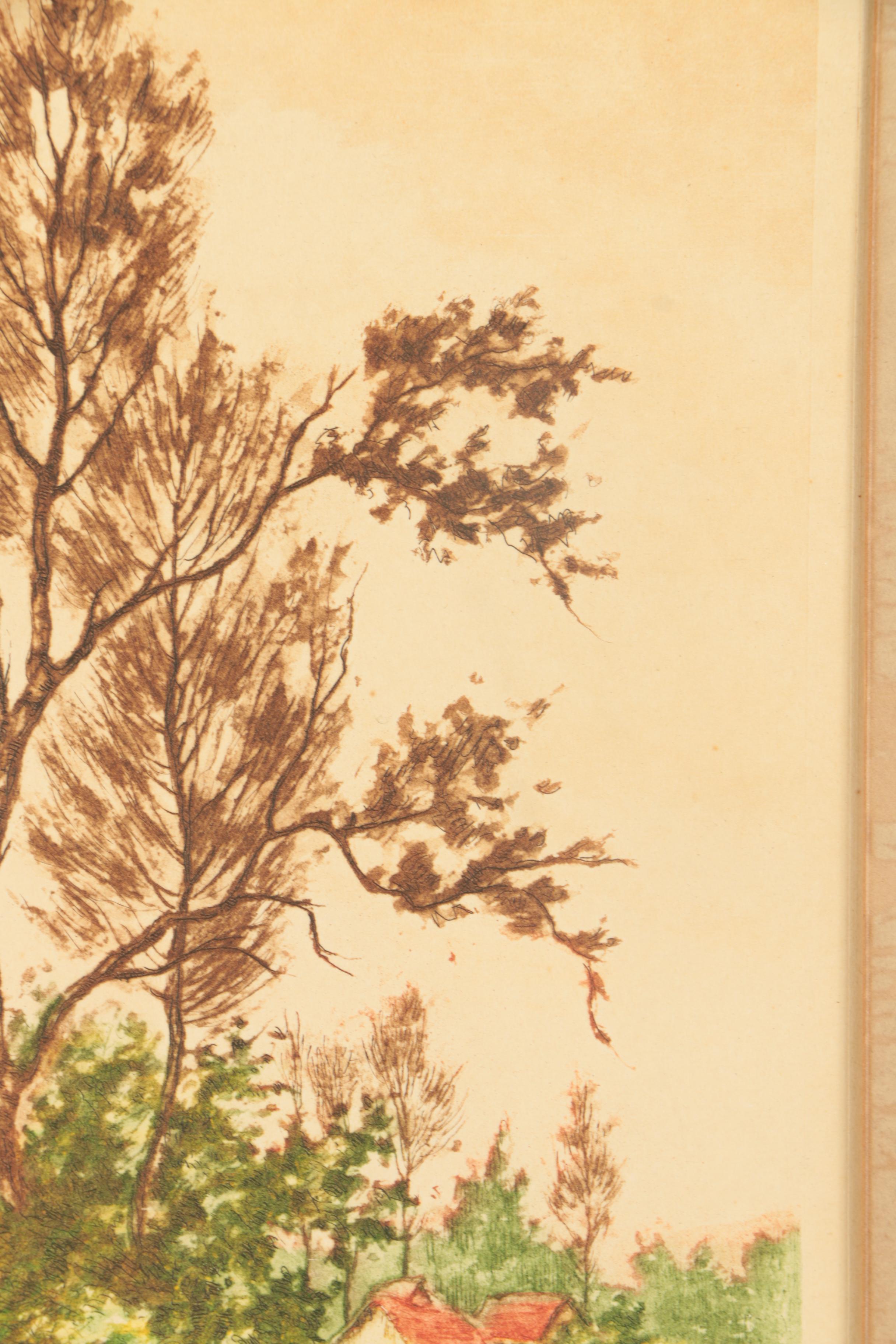 Mid-Century Paris Etching Society Aquatint on Paper of Country Landscape Scene