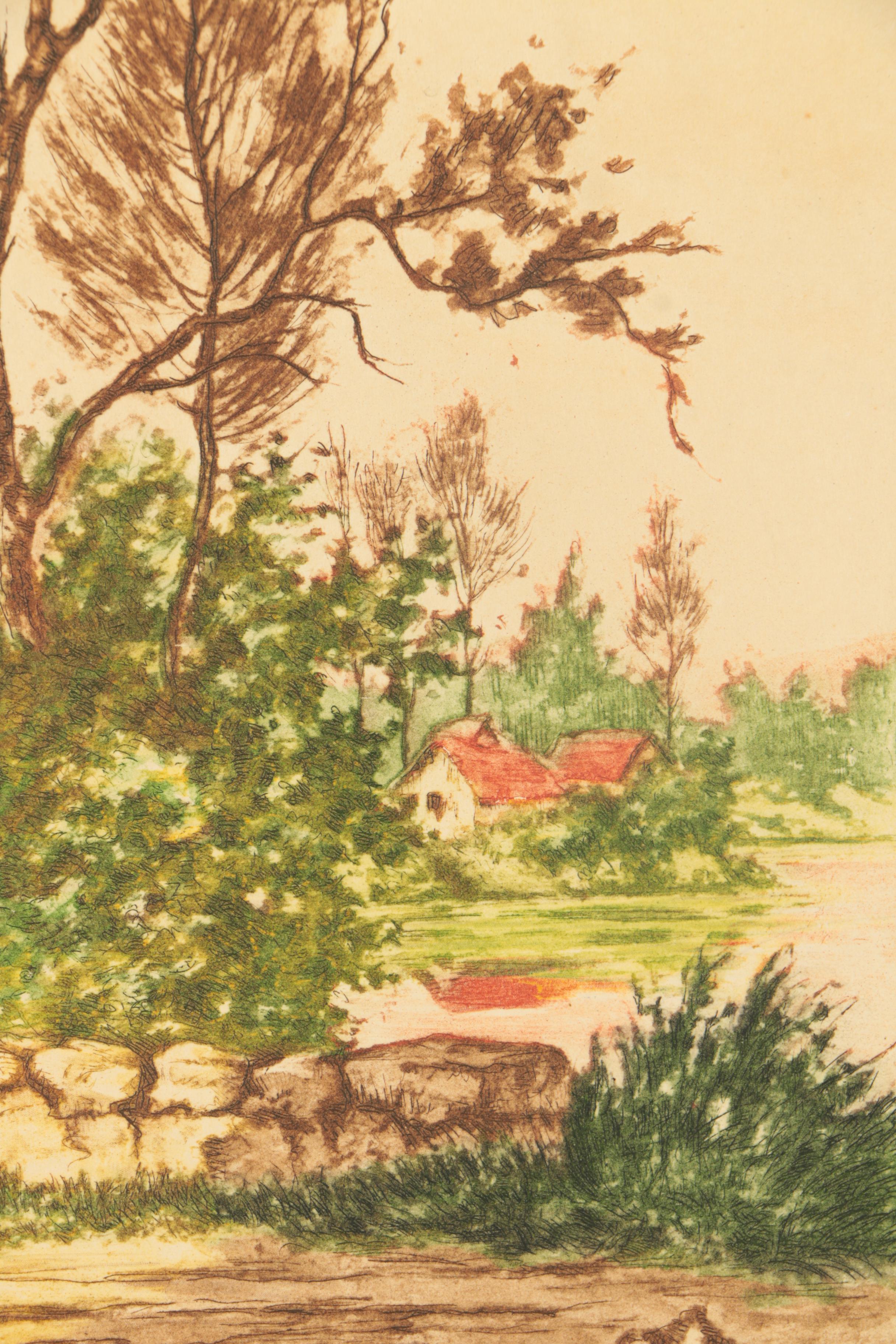 Mid-Century Paris Etching Society Aquatint on Paper of Country Landscape Scene