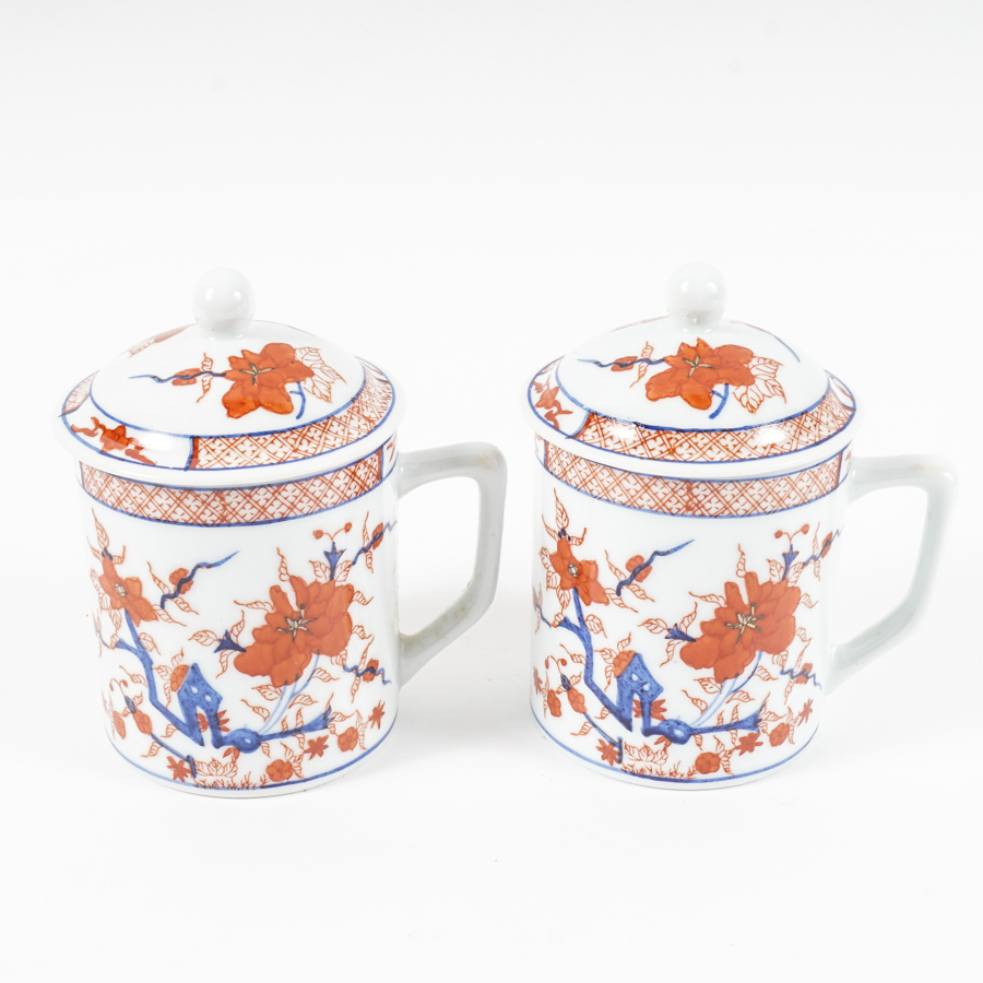 Pair of Chinese Ling Chi Lidded Mugs