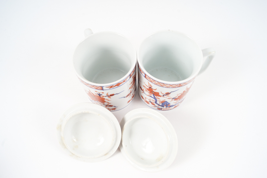 Pair of Chinese Ling Chi Lidded Mugs