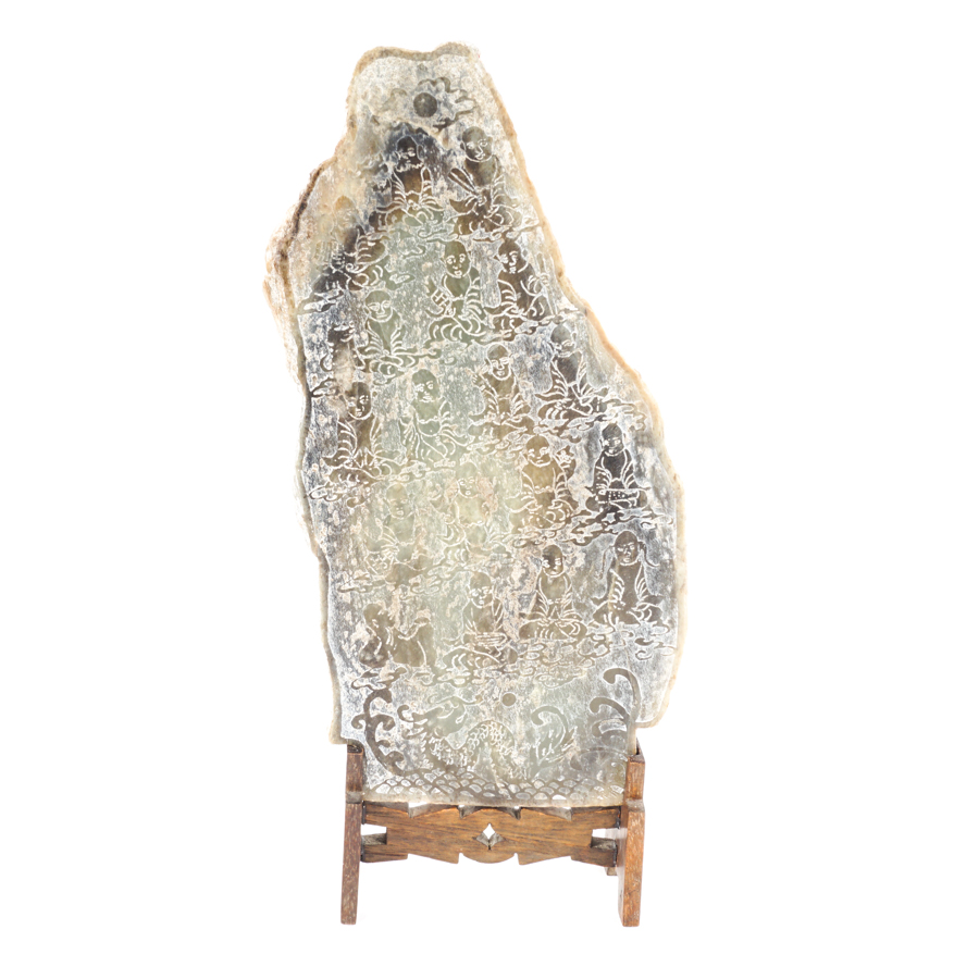 Buddhist Hand-Etched Stone Carving with Wood Display Stand