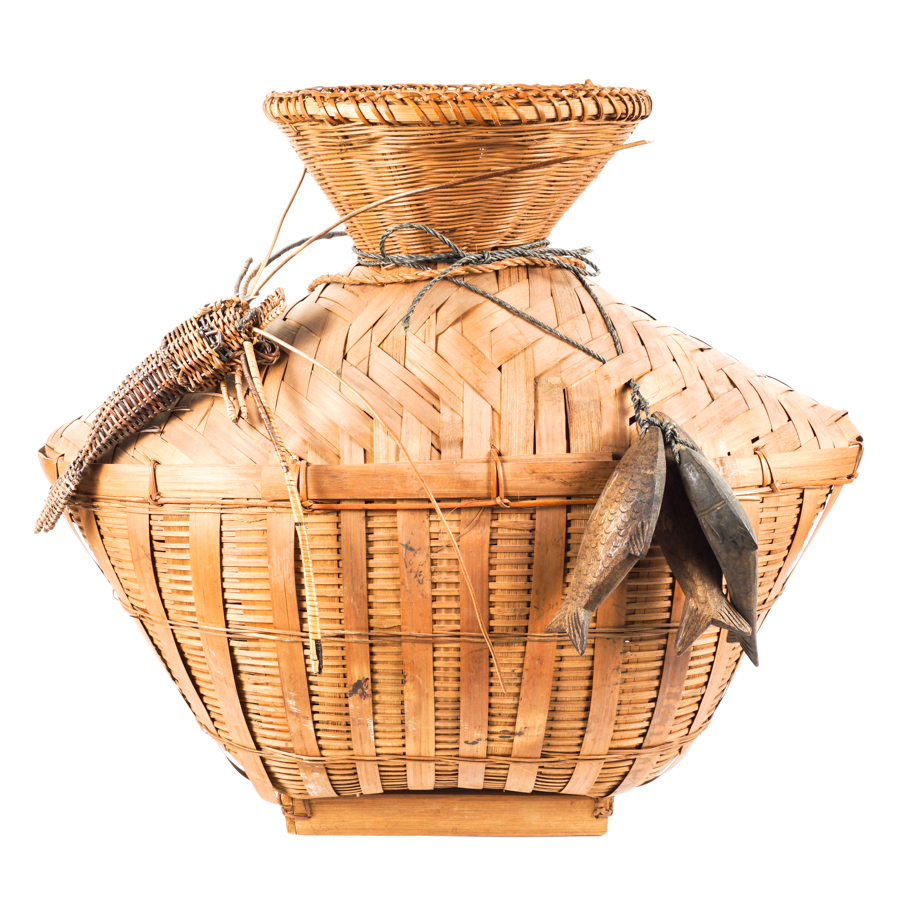 Woven Fishing Basket with Woven and Carved Fish Accents