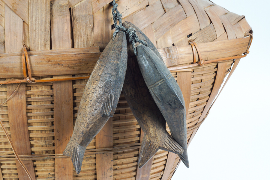 Woven Fishing Basket with Woven and Carved Fish Accents