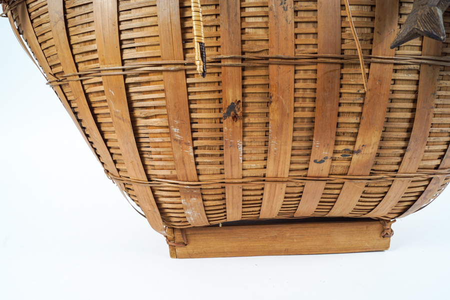 Woven Fishing Basket with Woven and Carved Fish Accents