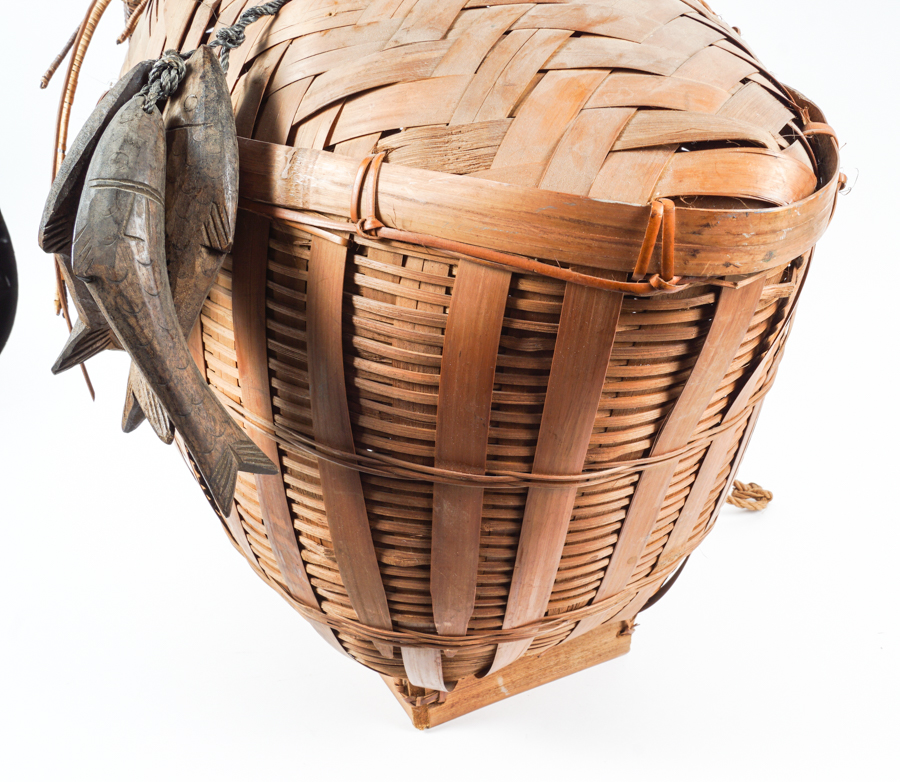 Woven Fishing Basket with Woven and Carved Fish Accents