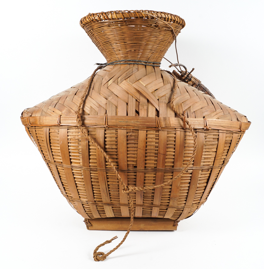 Woven Fishing Basket with Woven and Carved Fish Accents