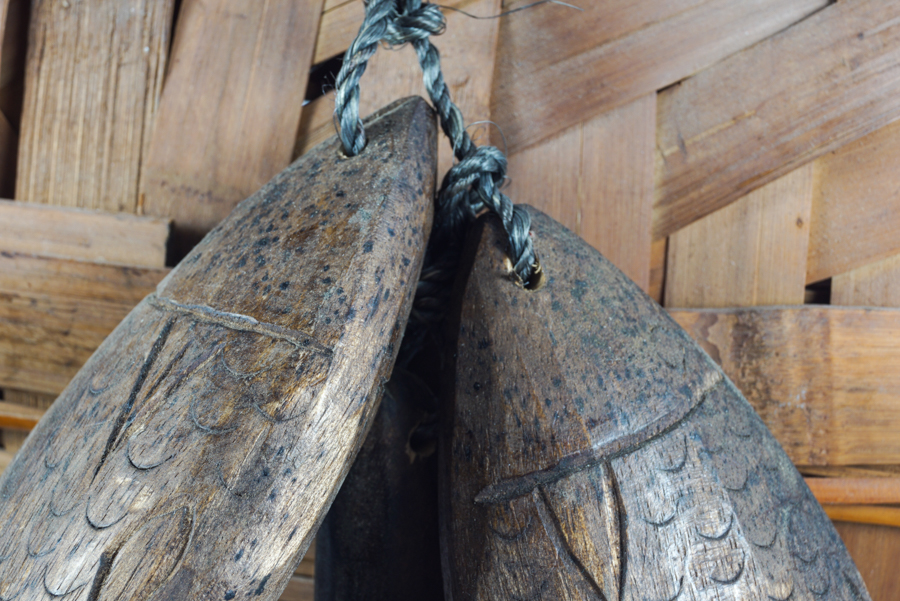 Woven Fishing Basket with Woven and Carved Fish Accents