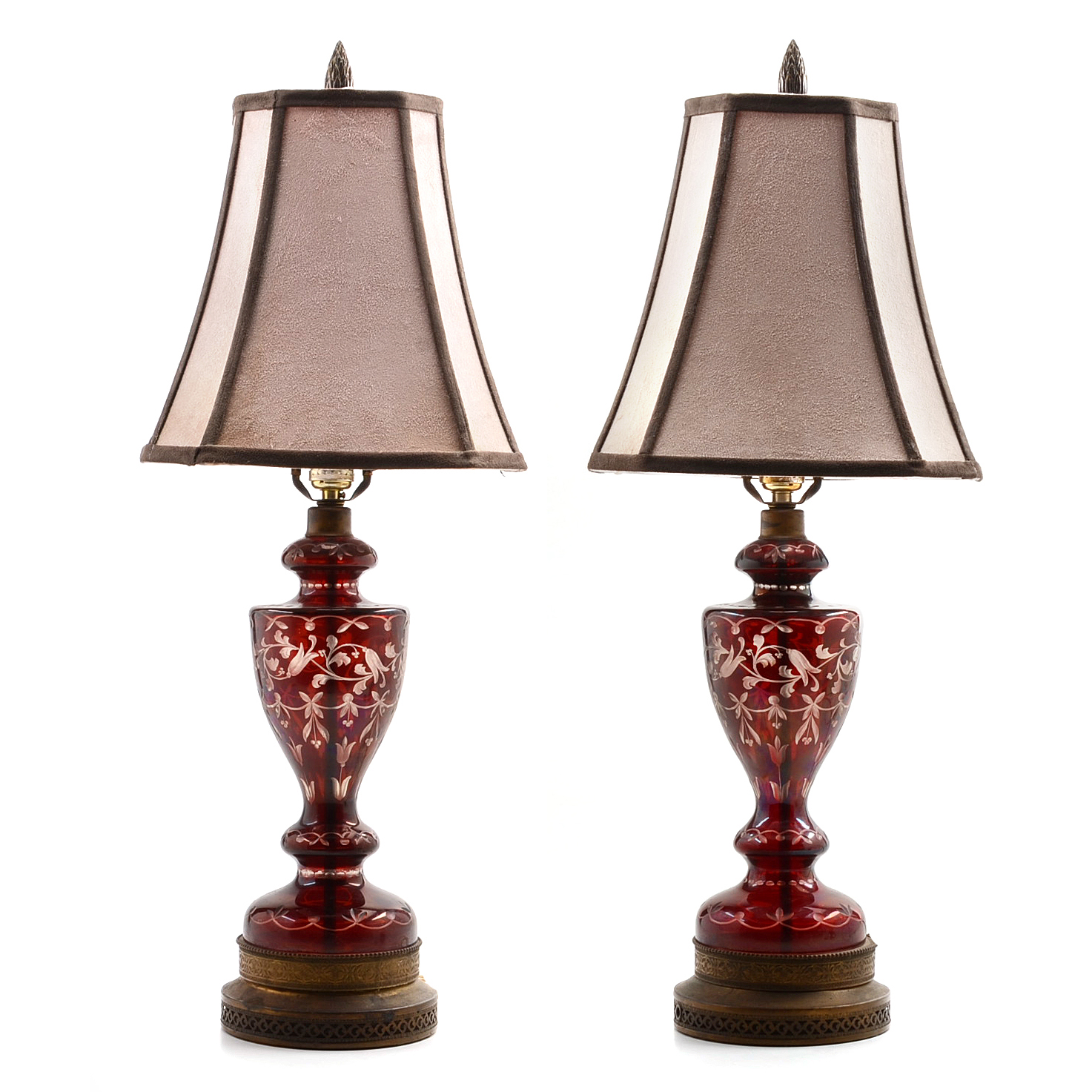 Vintage Ruby Cut to Clear Glass Table Lamps