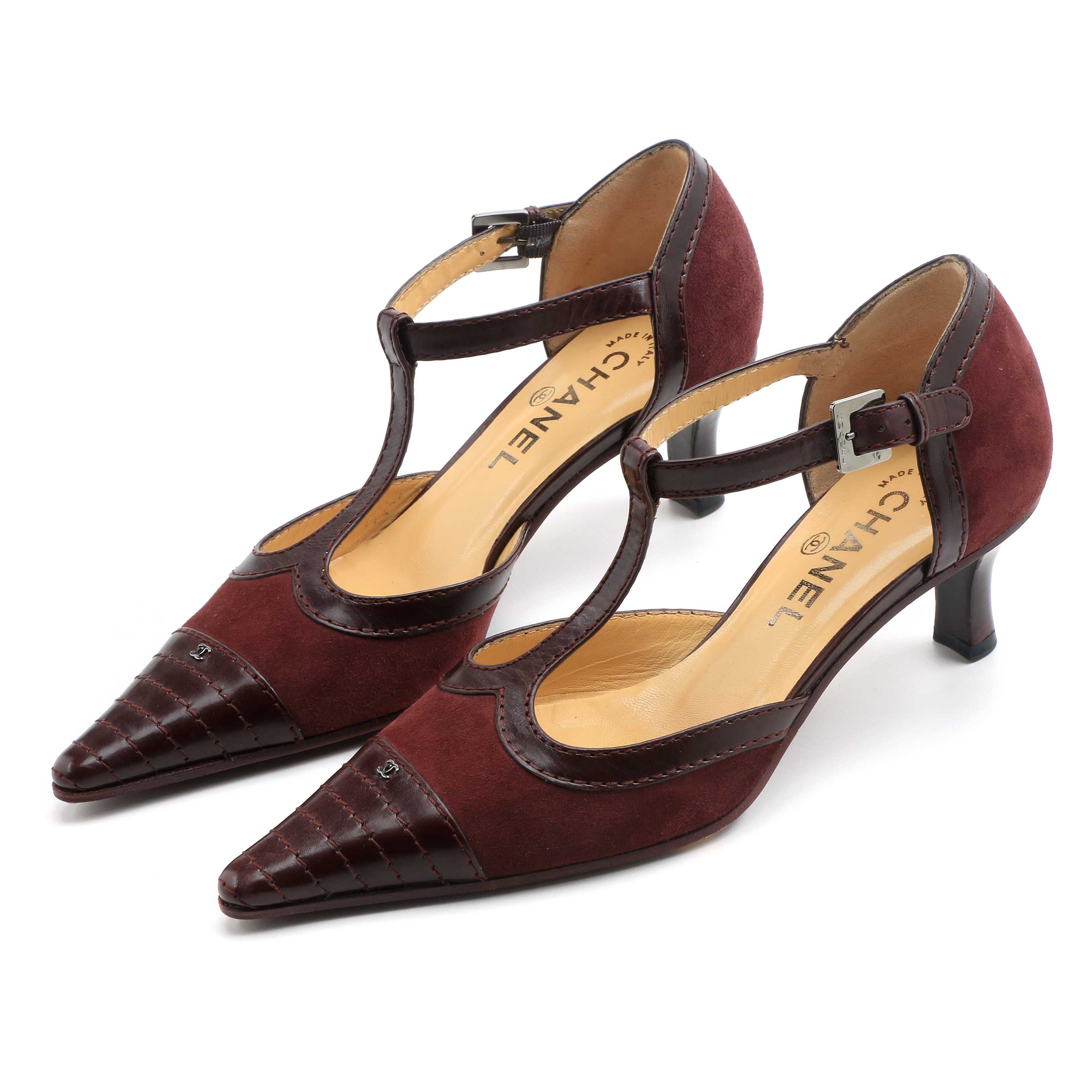 Chanel T-Strap Bordeaux Suede Spectator Pumps