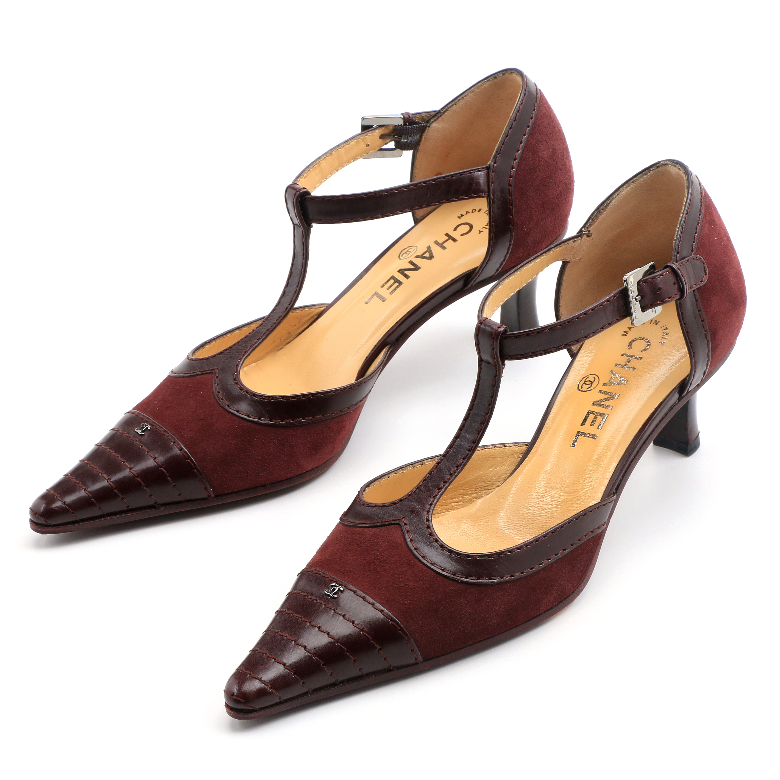 Chanel T-Strap Bordeaux Suede Spectator Pumps