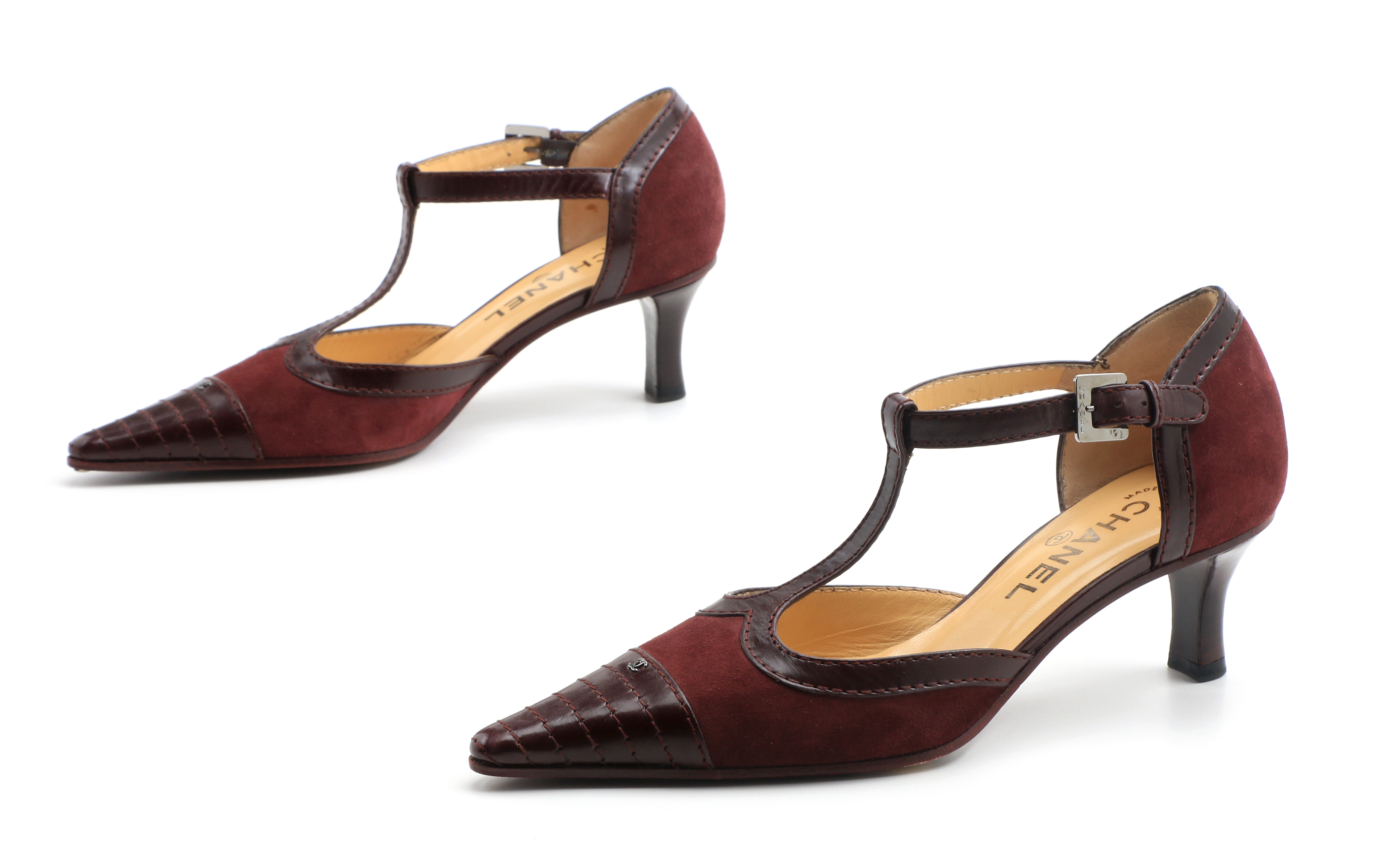 Chanel T-Strap Bordeaux Suede Spectator Pumps