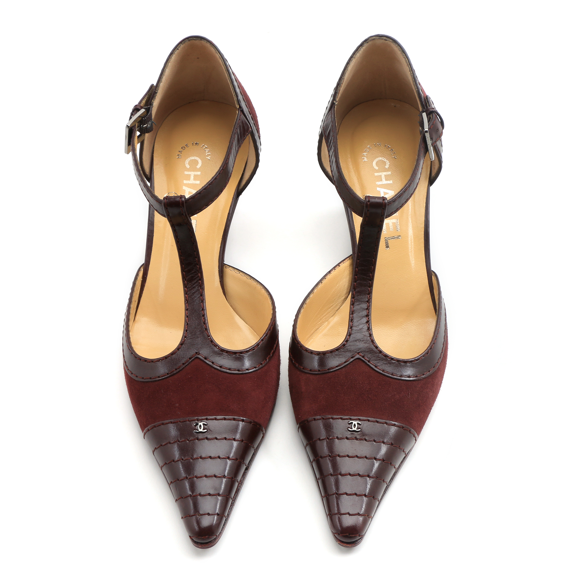 Chanel T-Strap Bordeaux Suede Spectator Pumps