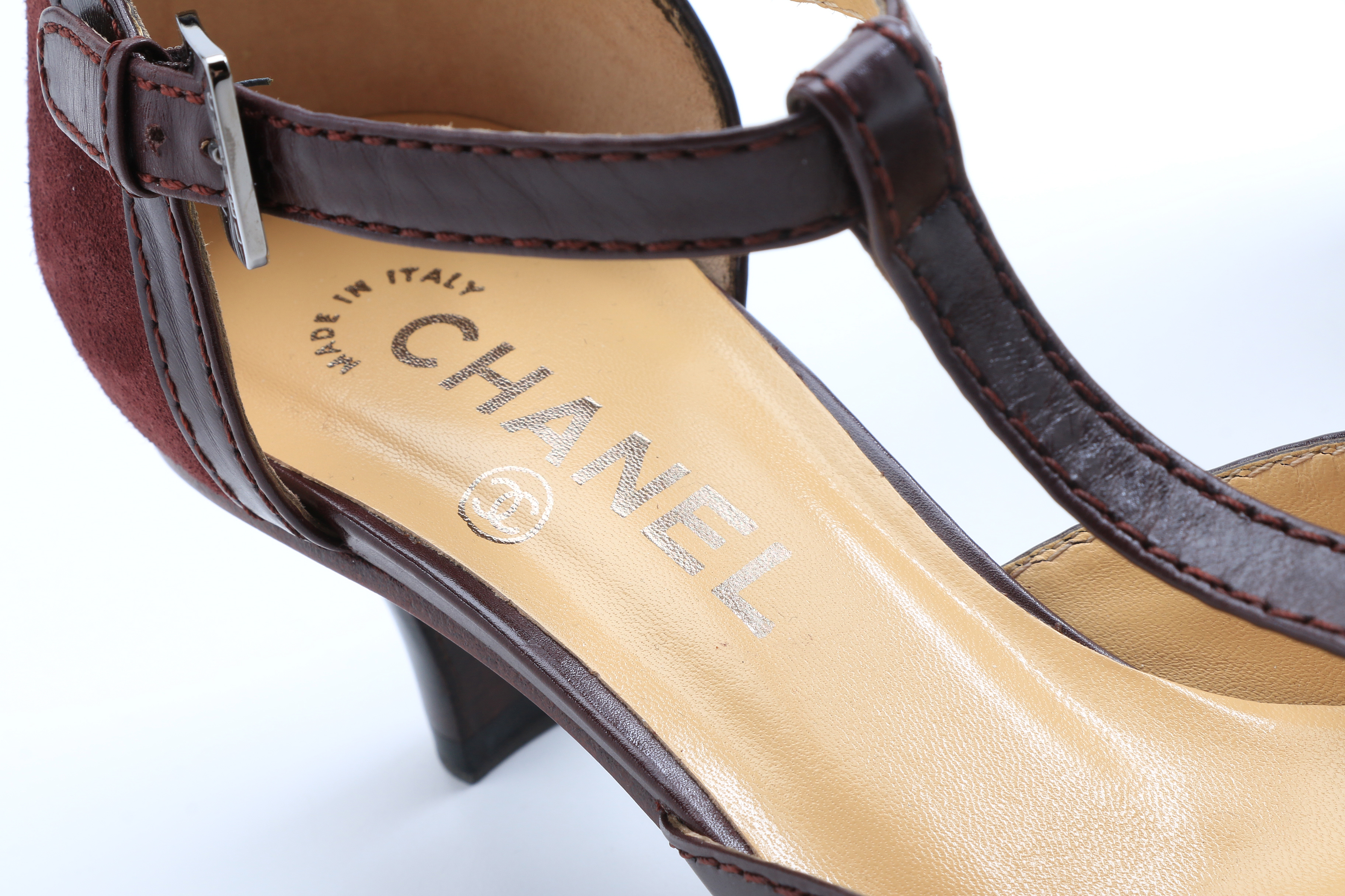 Chanel T-Strap Bordeaux Suede Spectator Pumps