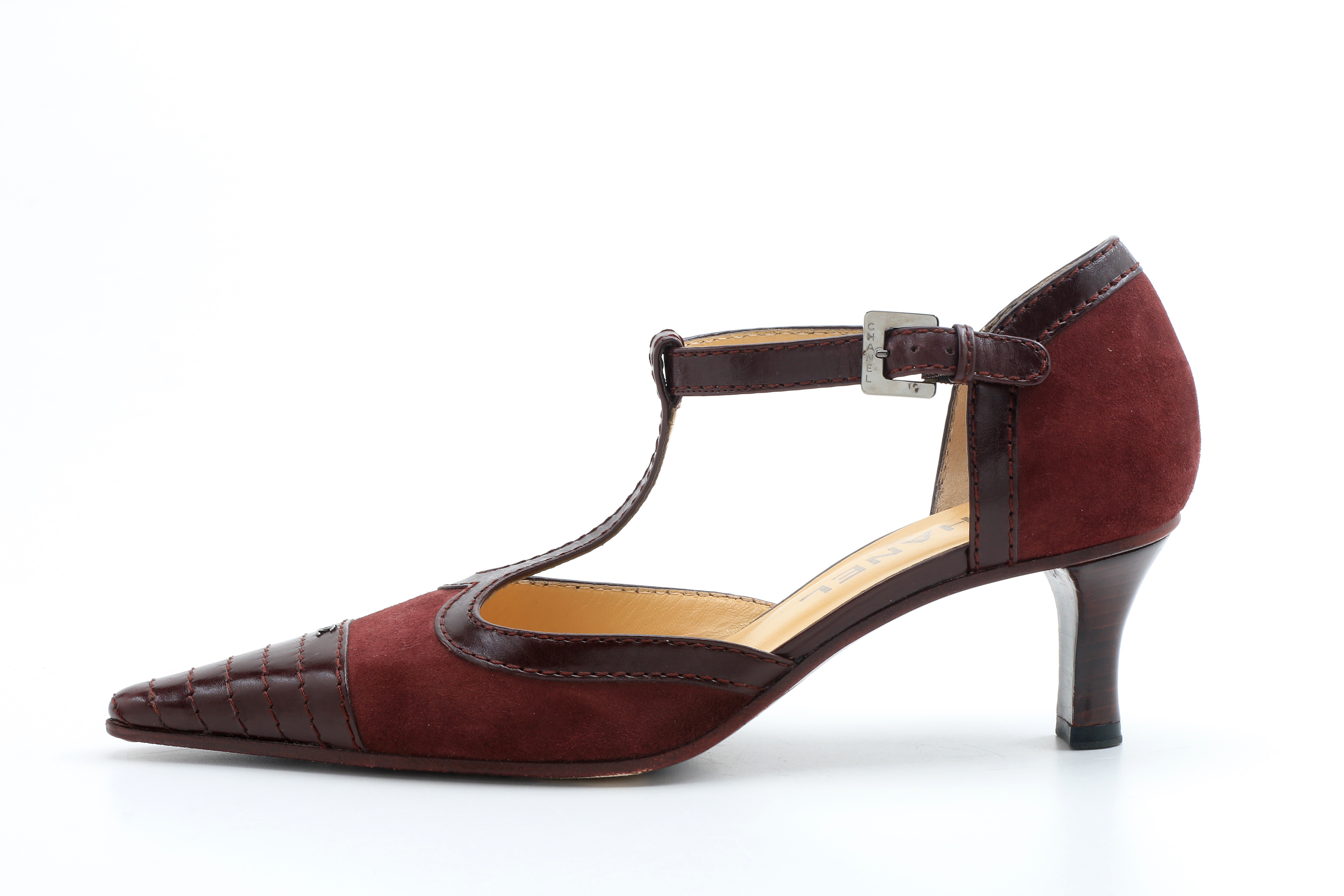 Chanel T-Strap Bordeaux Suede Spectator Pumps