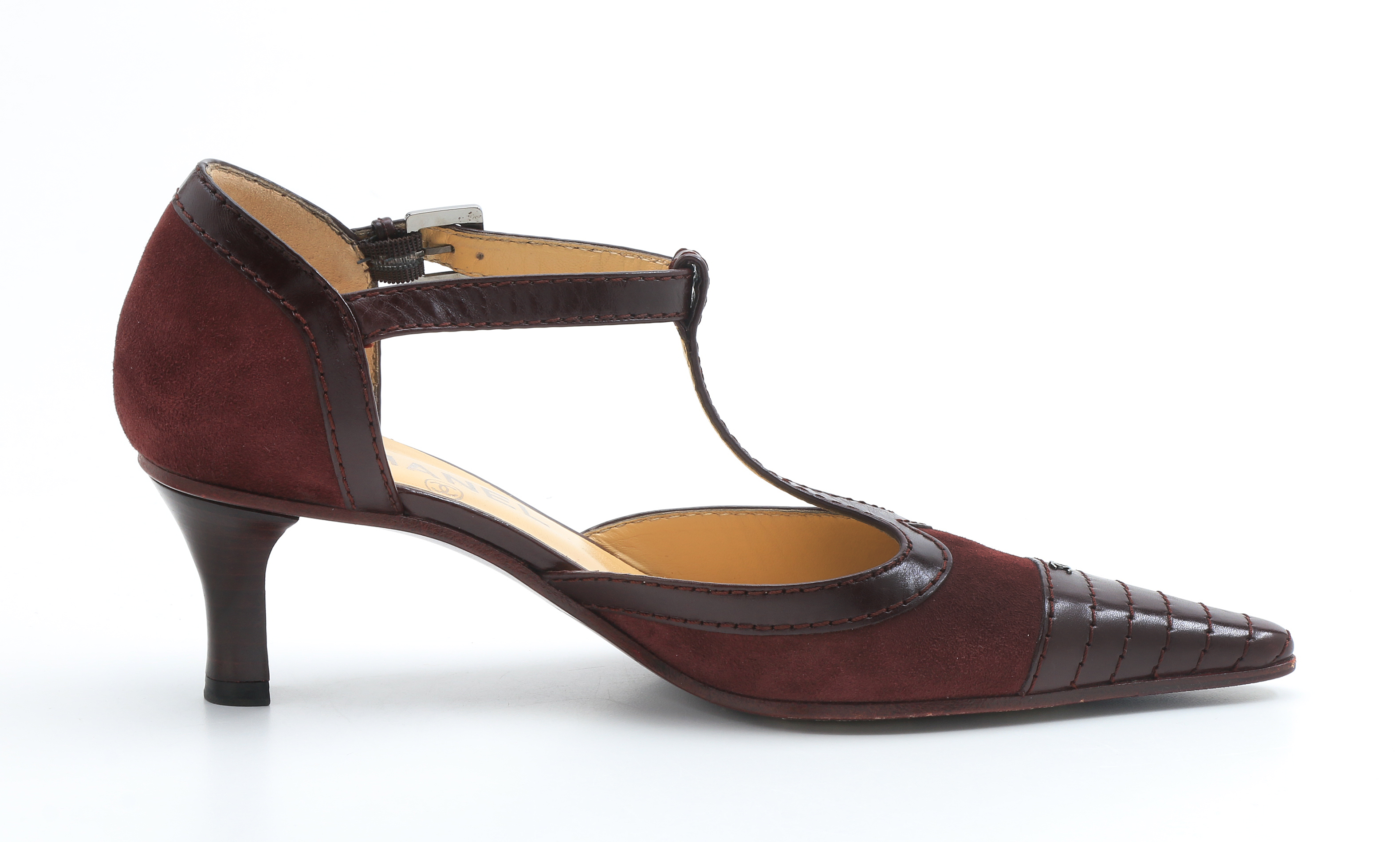 Chanel T-Strap Bordeaux Suede Spectator Pumps