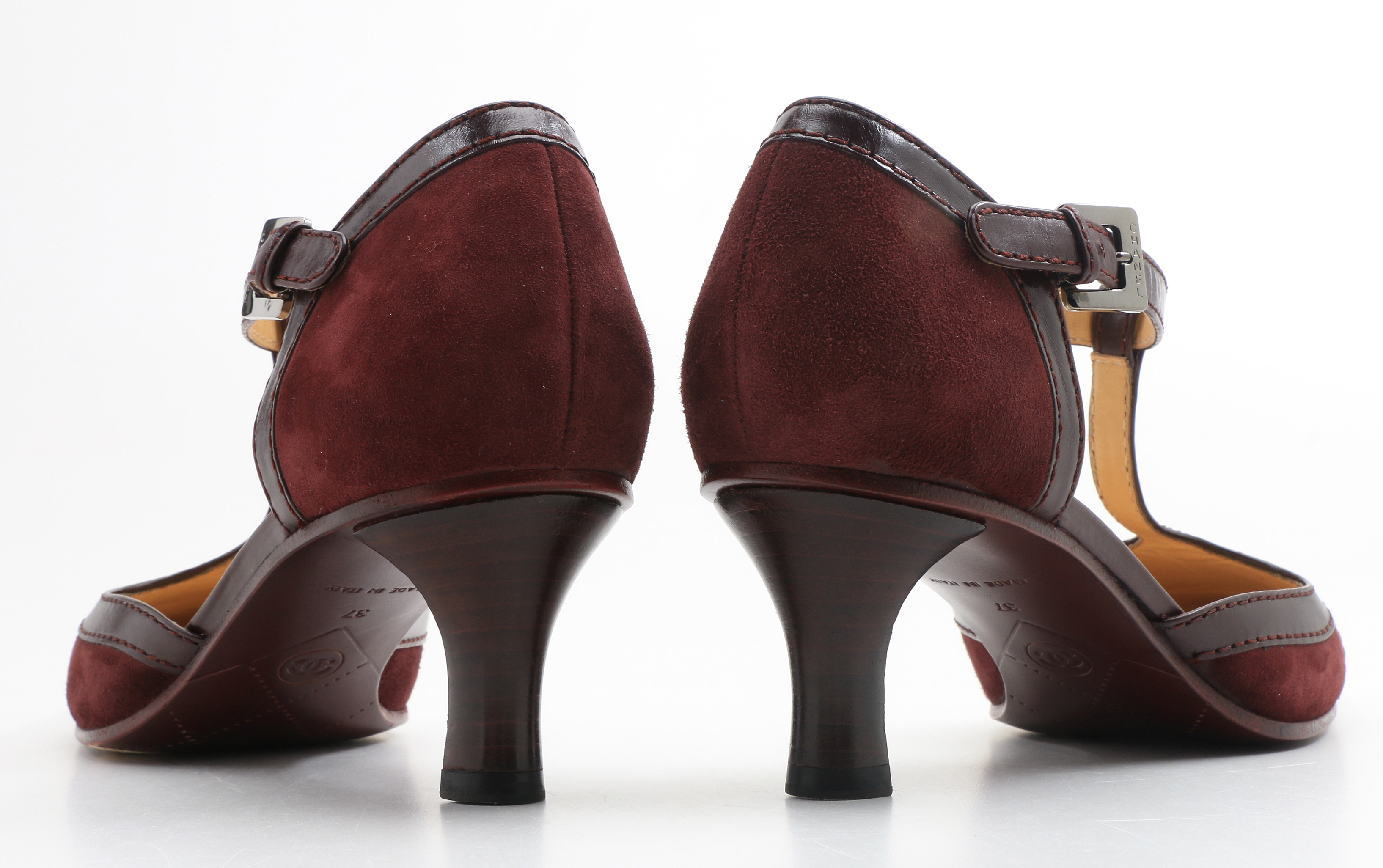 Chanel T-Strap Bordeaux Suede Spectator Pumps