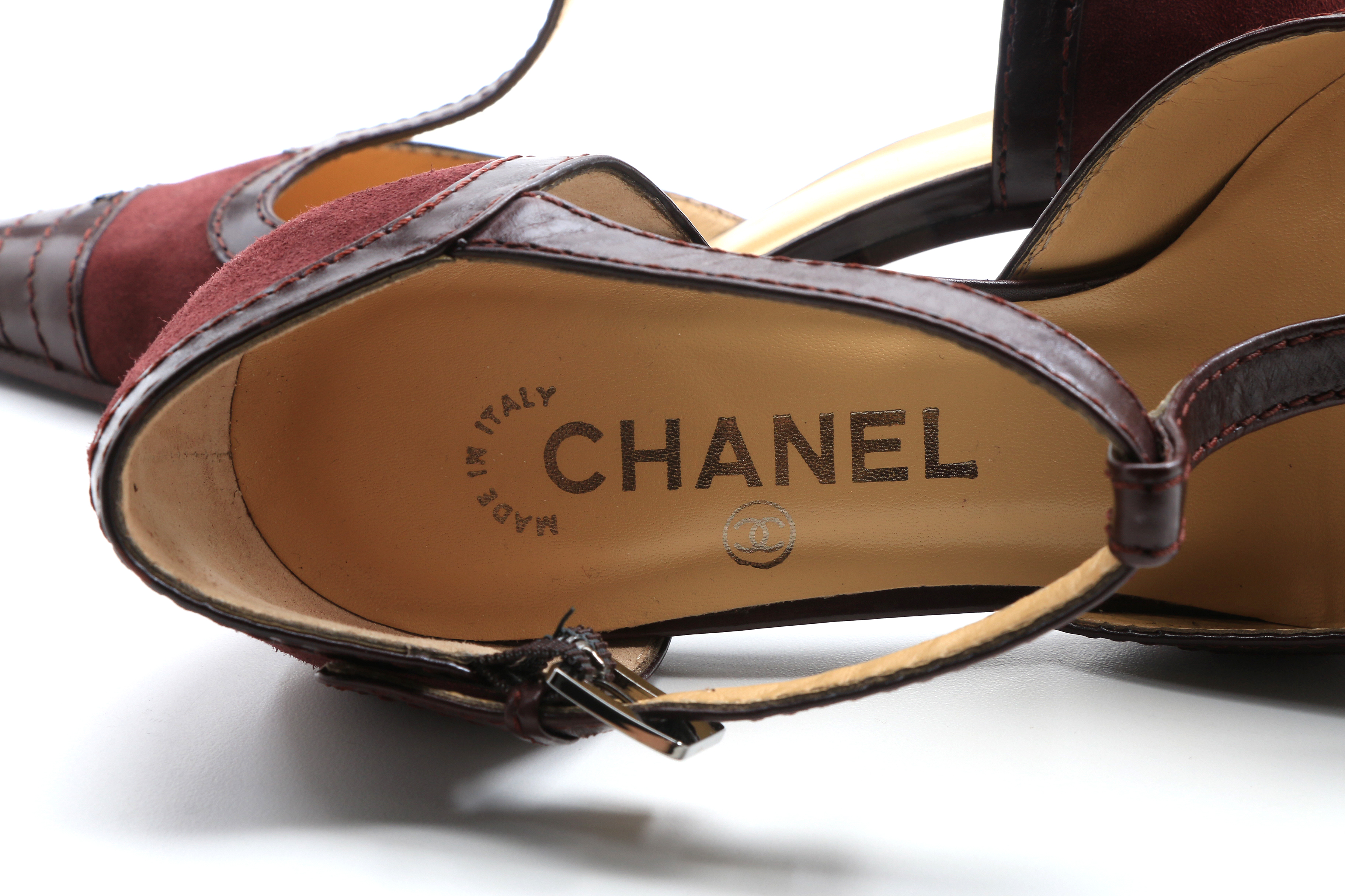 Chanel T-Strap Bordeaux Suede Spectator Pumps
