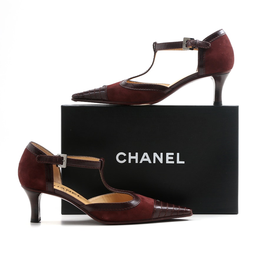 Chanel T-Strap Bordeaux Suede Spectator Pumps